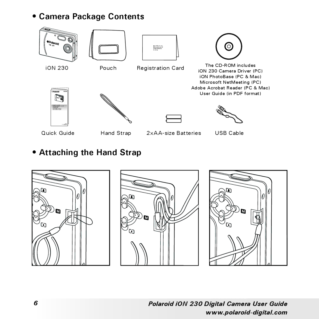 Polaroid iON 230 manual Camera Package Contents, Attaching the Hand Strap 