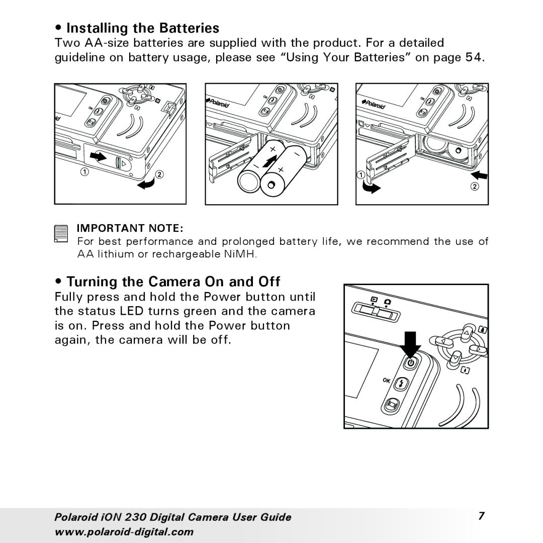 Polaroid iON 230 manual Installing the Batteries, Turning the Camera On and Off 