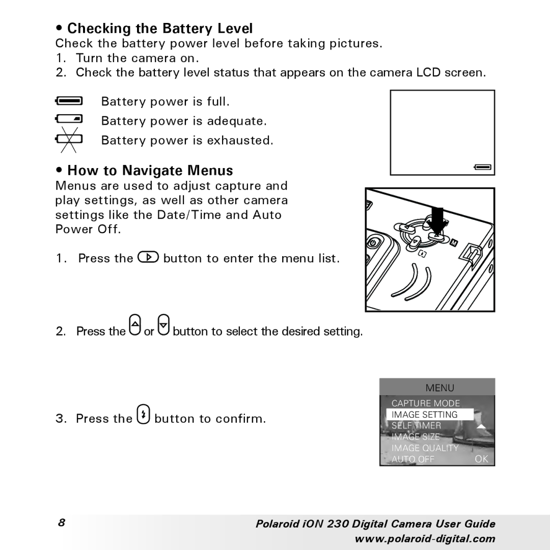 Polaroid iON 230 manual Checking the Battery Level, How to Navigate Menus 