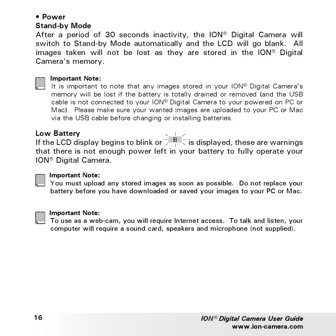 Polaroid ION user manual Power Stand-by Mode, Low Battery 