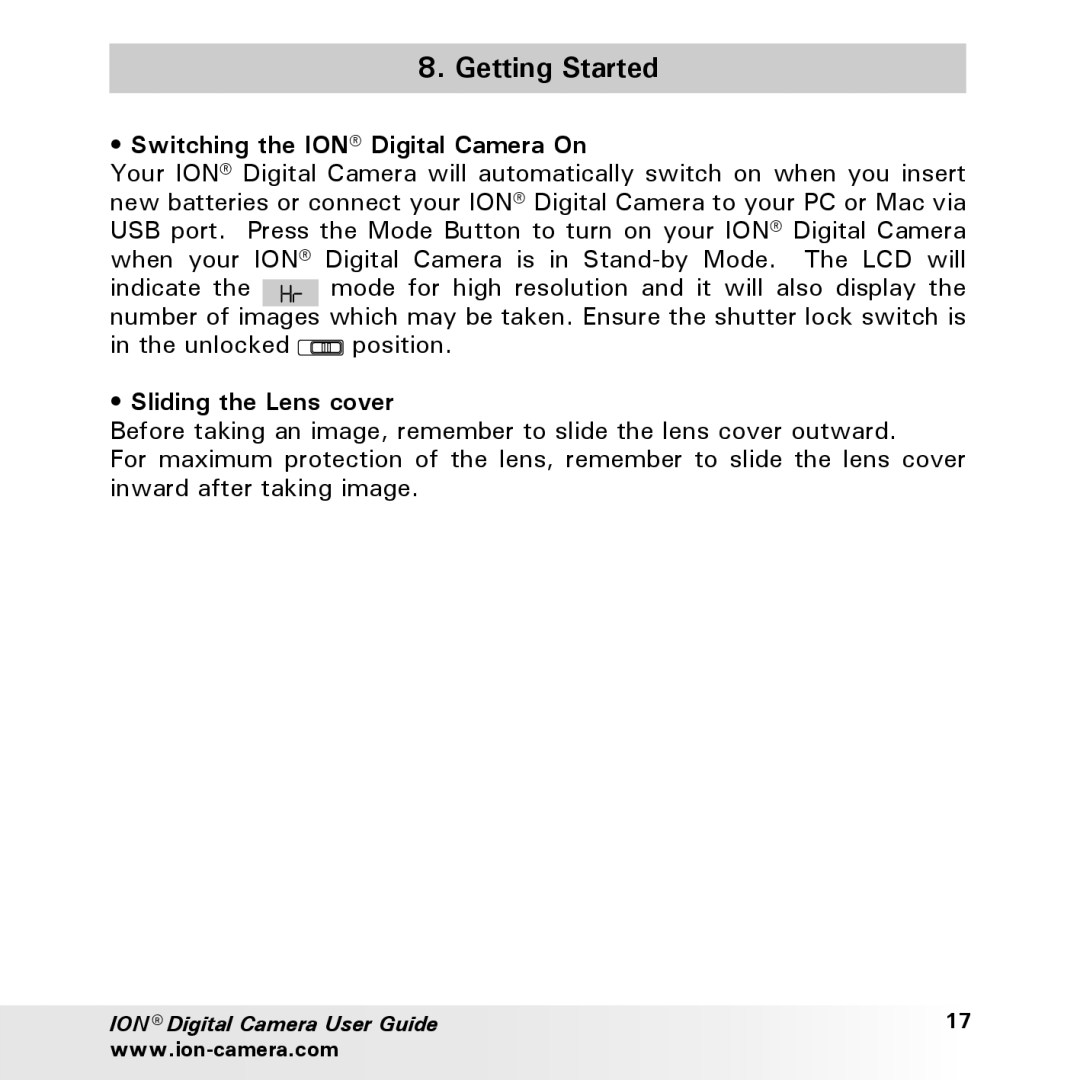 Polaroid user manual Getting Started, Switching the ION Digital Camera On, Sliding the Lens cover 