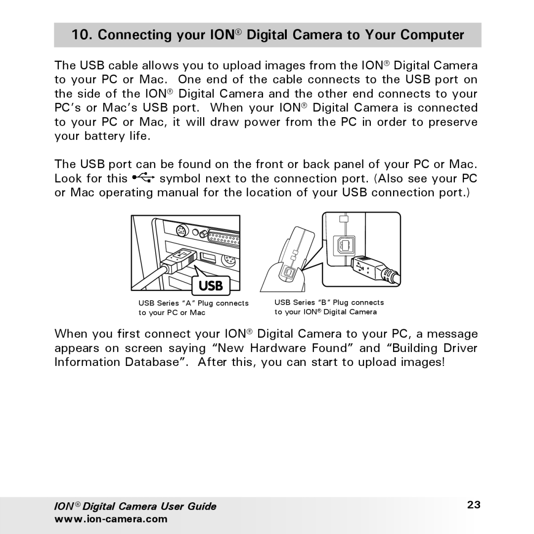 Polaroid user manual Connecting your ION Digital Camera to Your Computer 