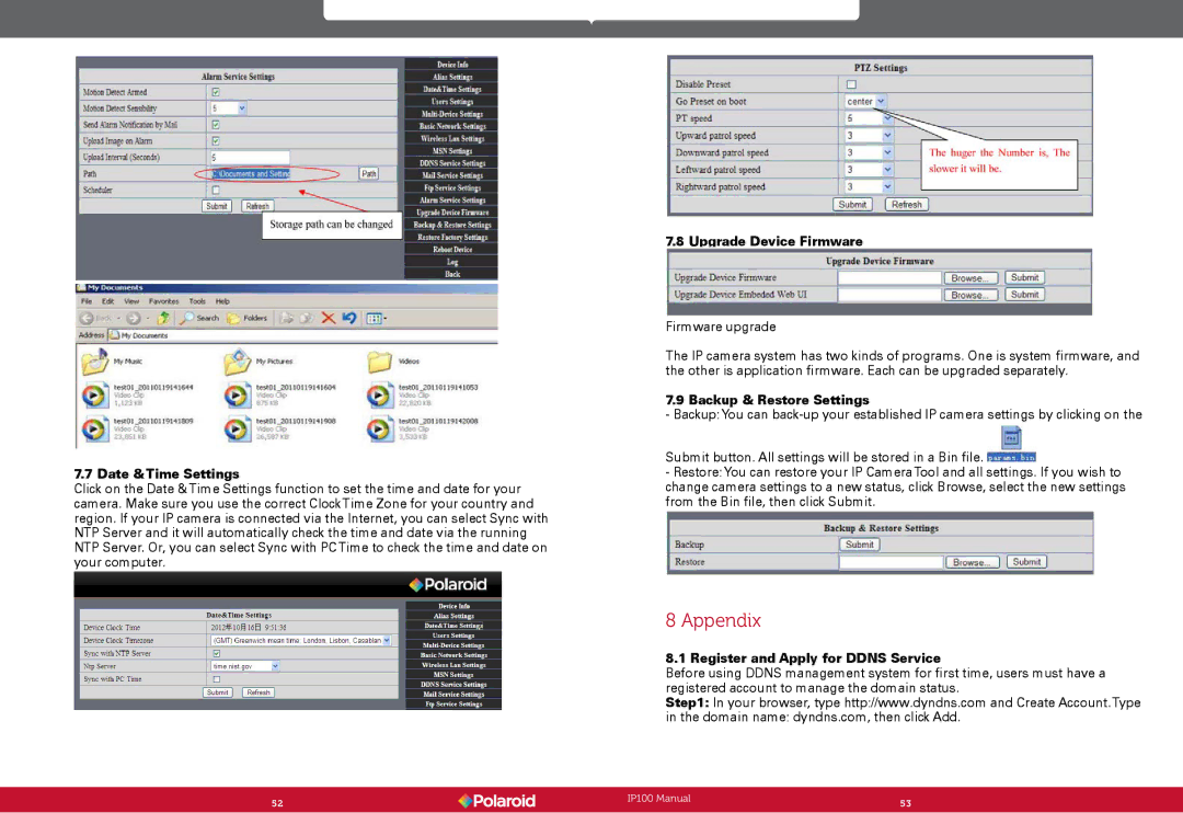 Polaroid IP100 user manual Appendix, Date &Time Settings, Upgrade Device Firmware, Backup & Restore Settings 