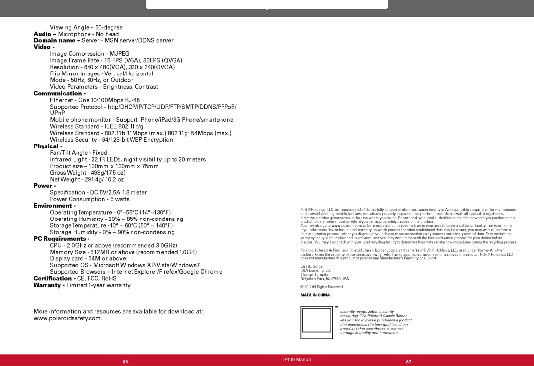 Polaroid IP100 user manual Video, Communication, Physical, Power, Environment, PC Requirements 
