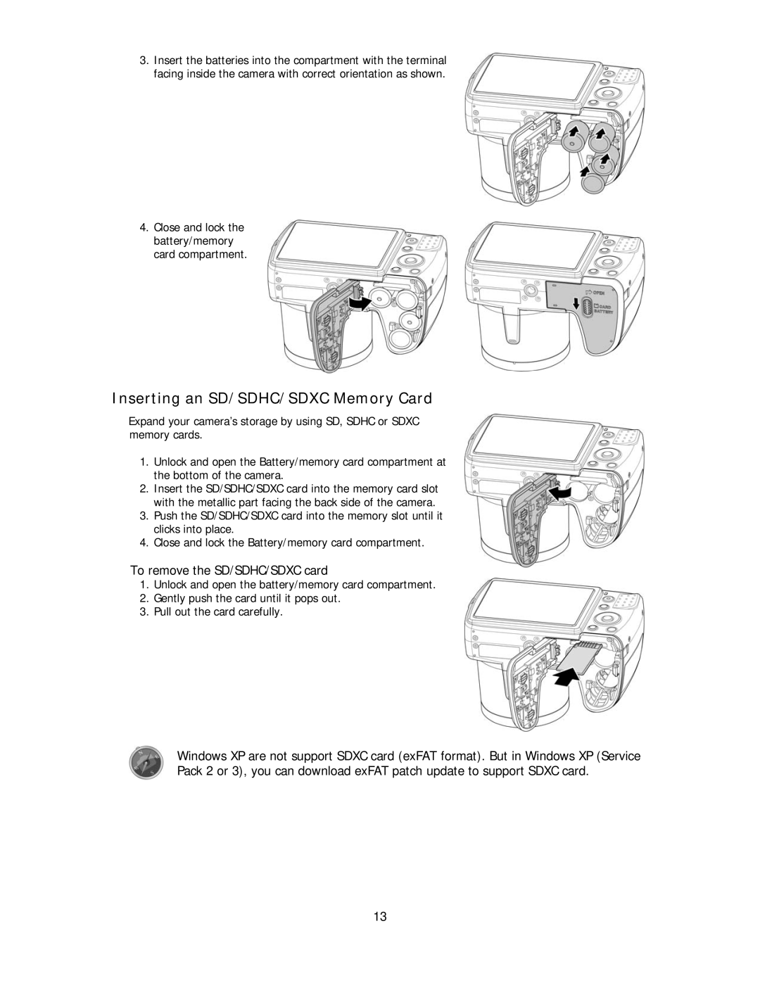 Polaroid IS2132-BLACK manual Inserting an SD/SDHC/SDXC Memory Card, To remove the SD/SDHC/SDXC card 