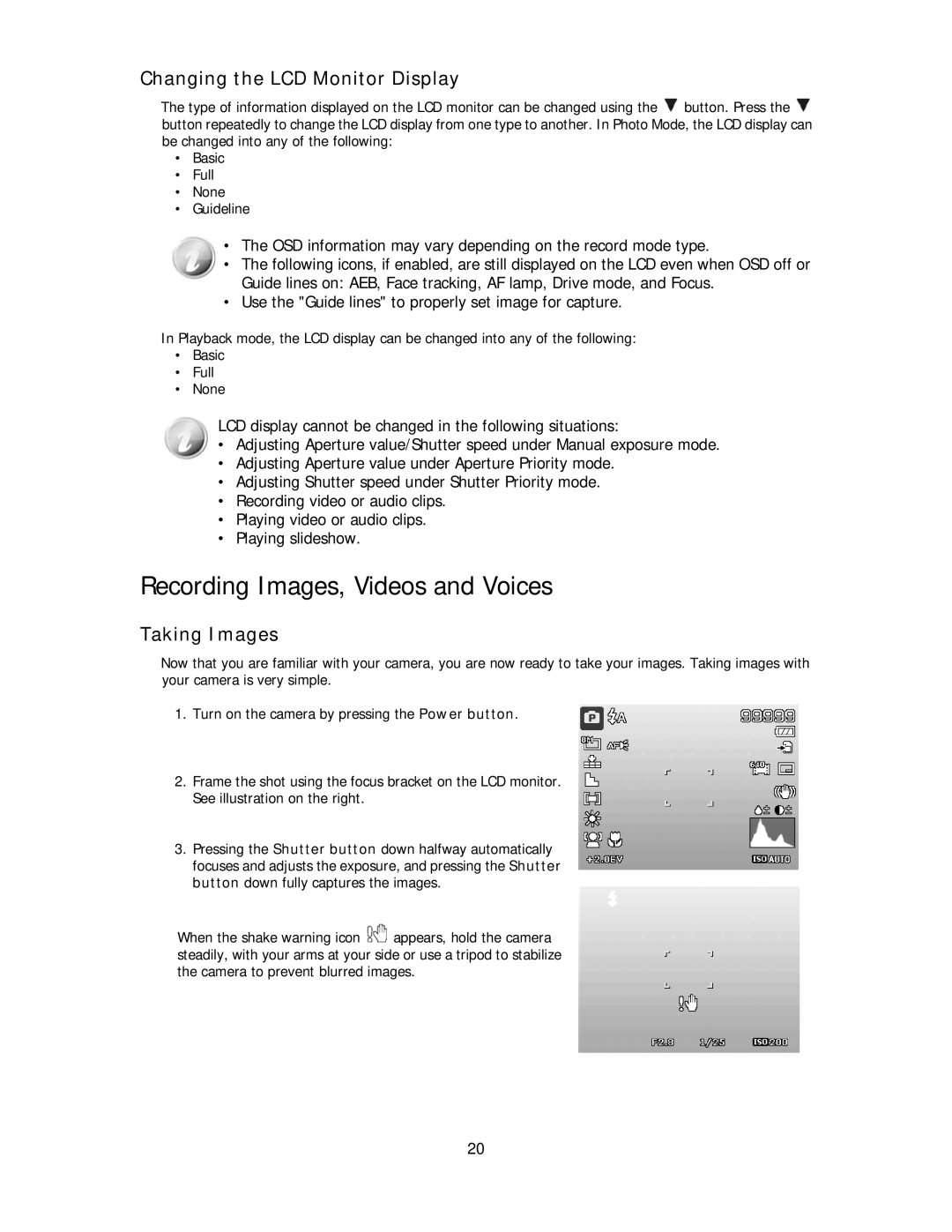 Polaroid IS2132-BLACK manual Recording Images, Videos and Voices, Changing the LCD Monitor Display, Taking Images 