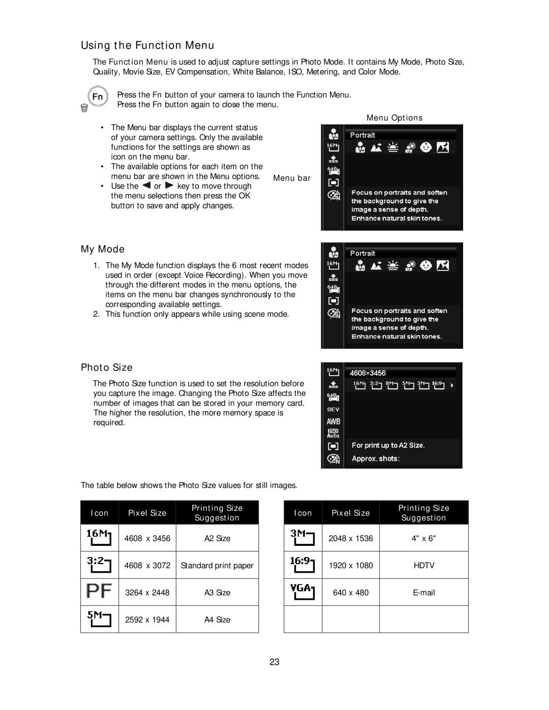 Polaroid IS2132-BLACK manual Using the Function Menu, My Mode, Photo Size, Menu Options Menu bar 