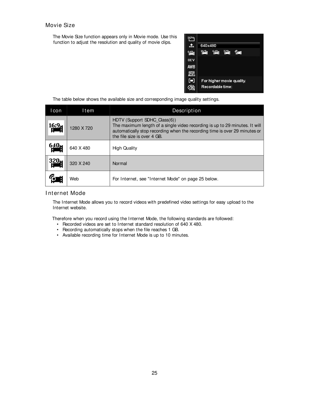 Polaroid IS2132-BLACK manual Movie Size, Internet Mode 