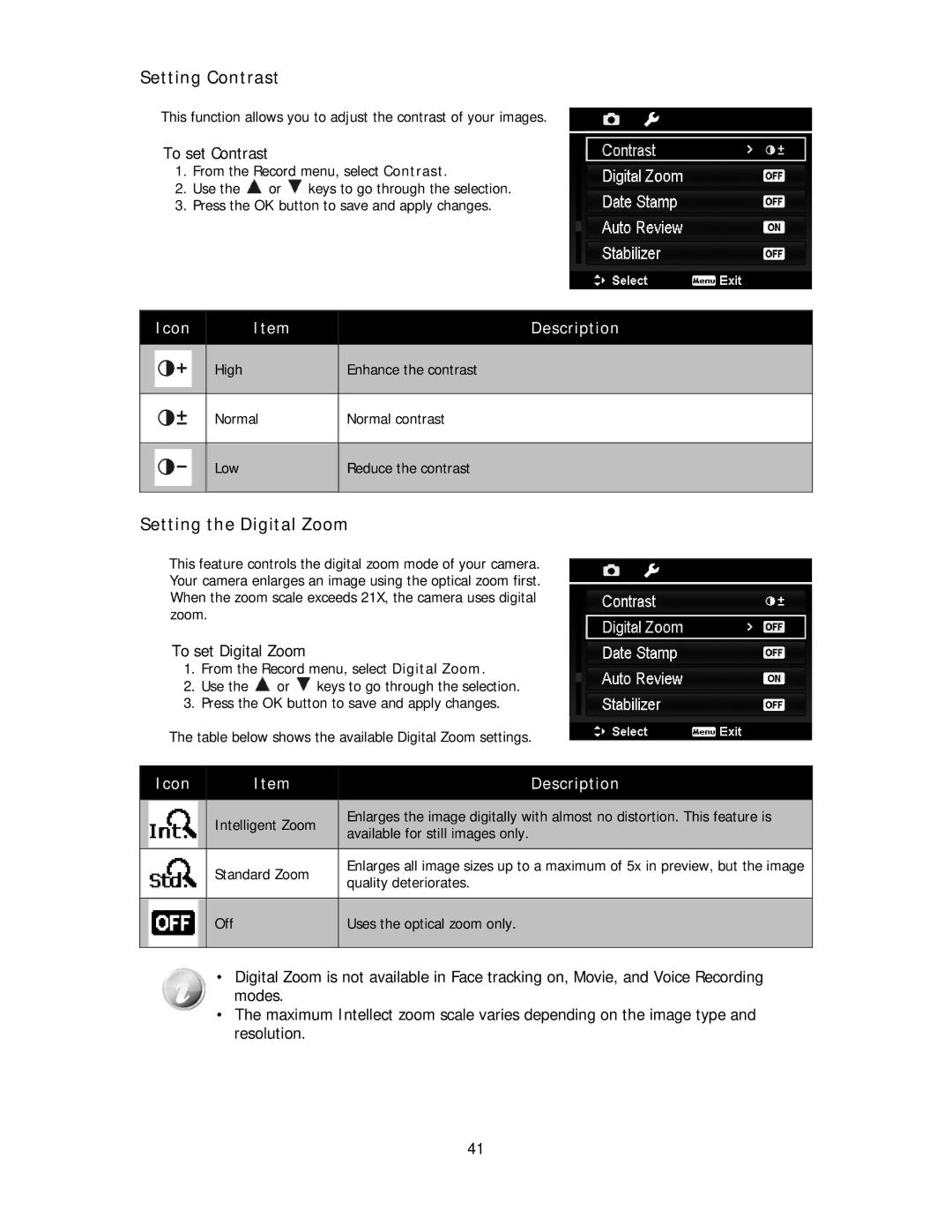 Polaroid IS2132-BLACK manual Setting Contrast, Setting the Digital Zoom, To set Contrast, To set Digital Zoom 