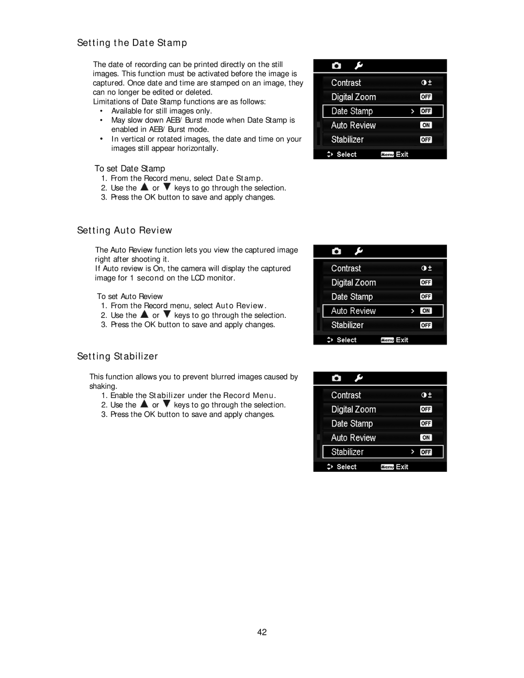 Polaroid IS2132-BLACK manual Setting the Date Stamp, Setting Auto Review, Setting Stabilizer, To set Date Stamp 