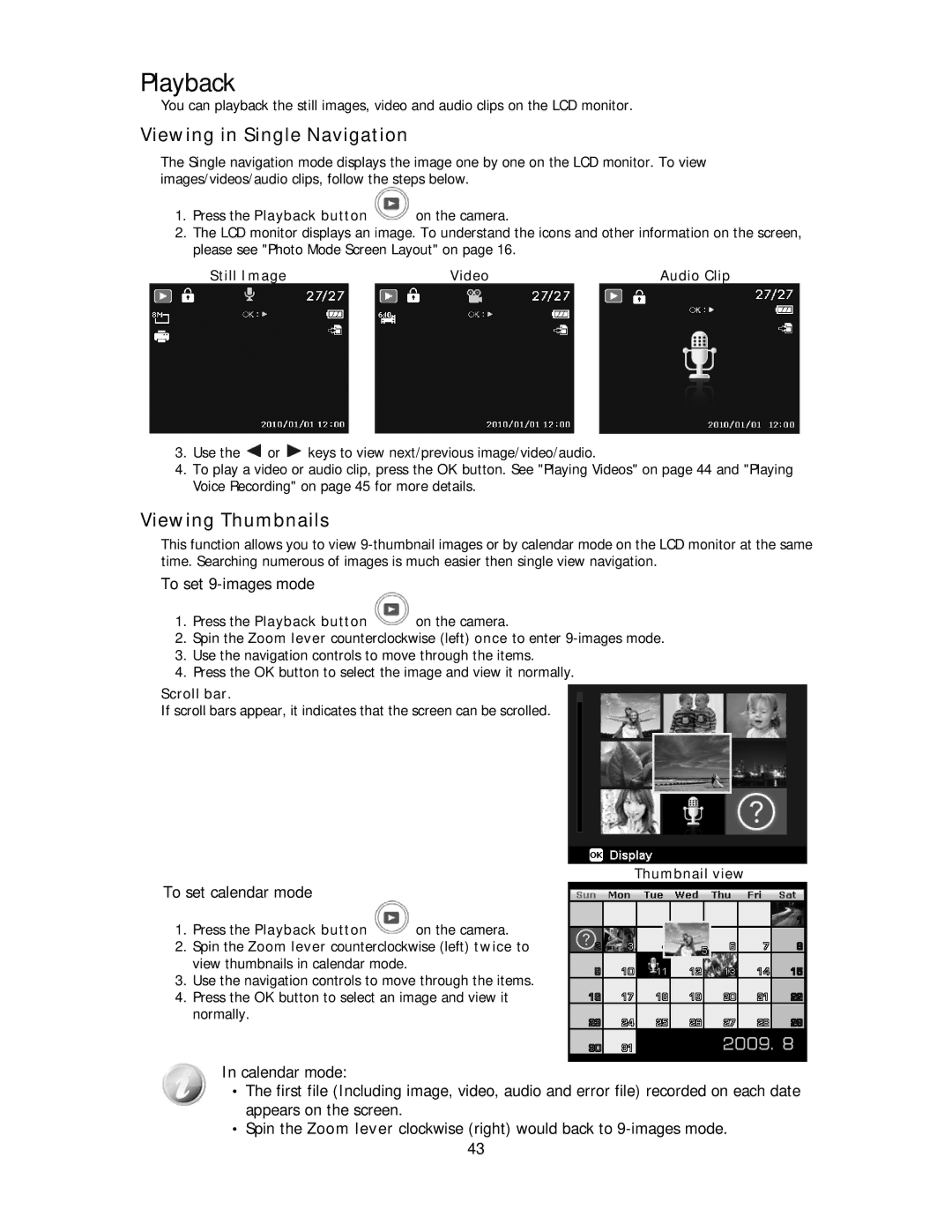 Polaroid IS2132-BLACK manual Playback, Viewing in Single Navigation, Viewing Thumbnails, To set 9-images mode 