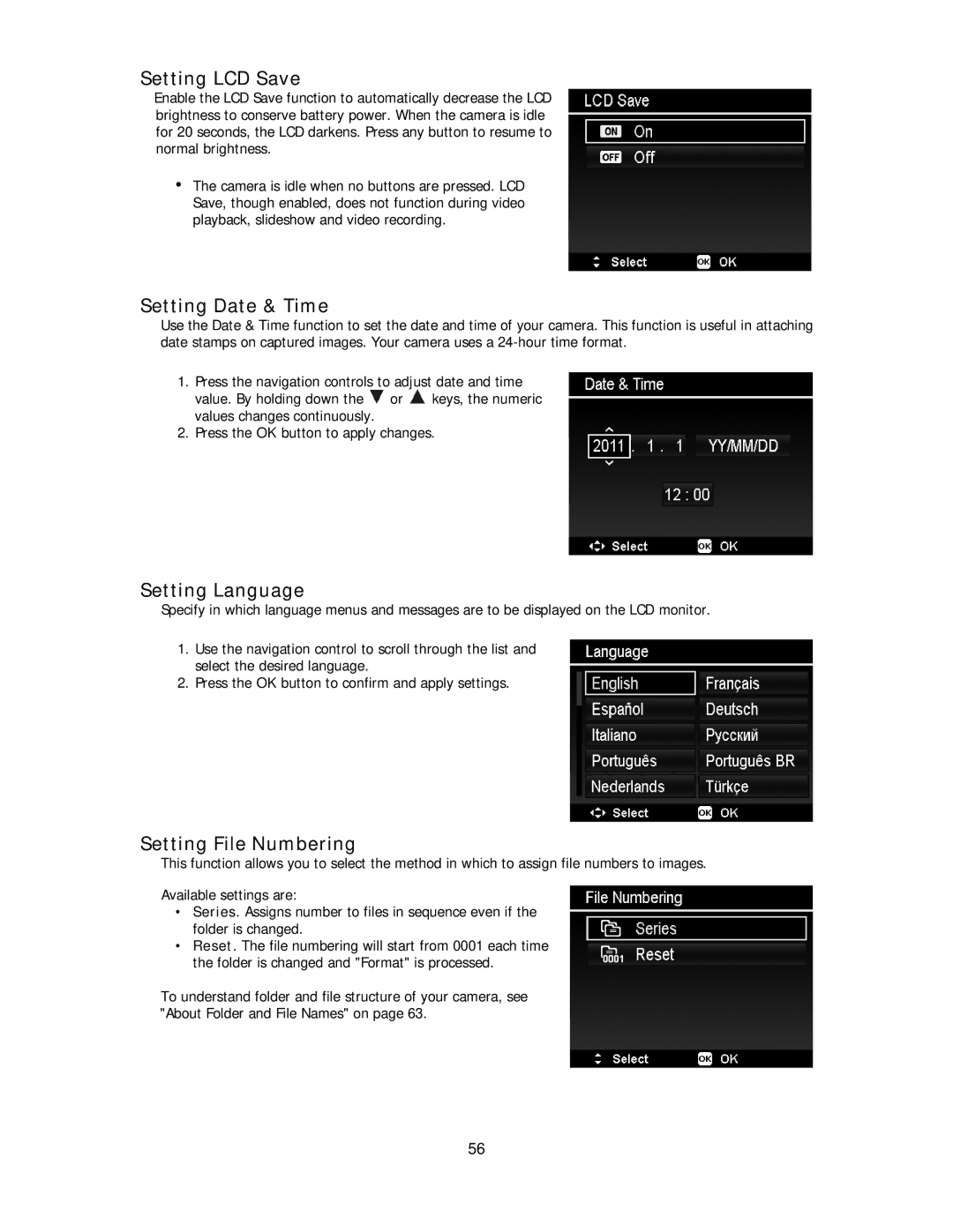 Polaroid IS2132-BLACK manual Setting LCD Save, Setting Date & Time, Setting Language, Setting File Numbering 