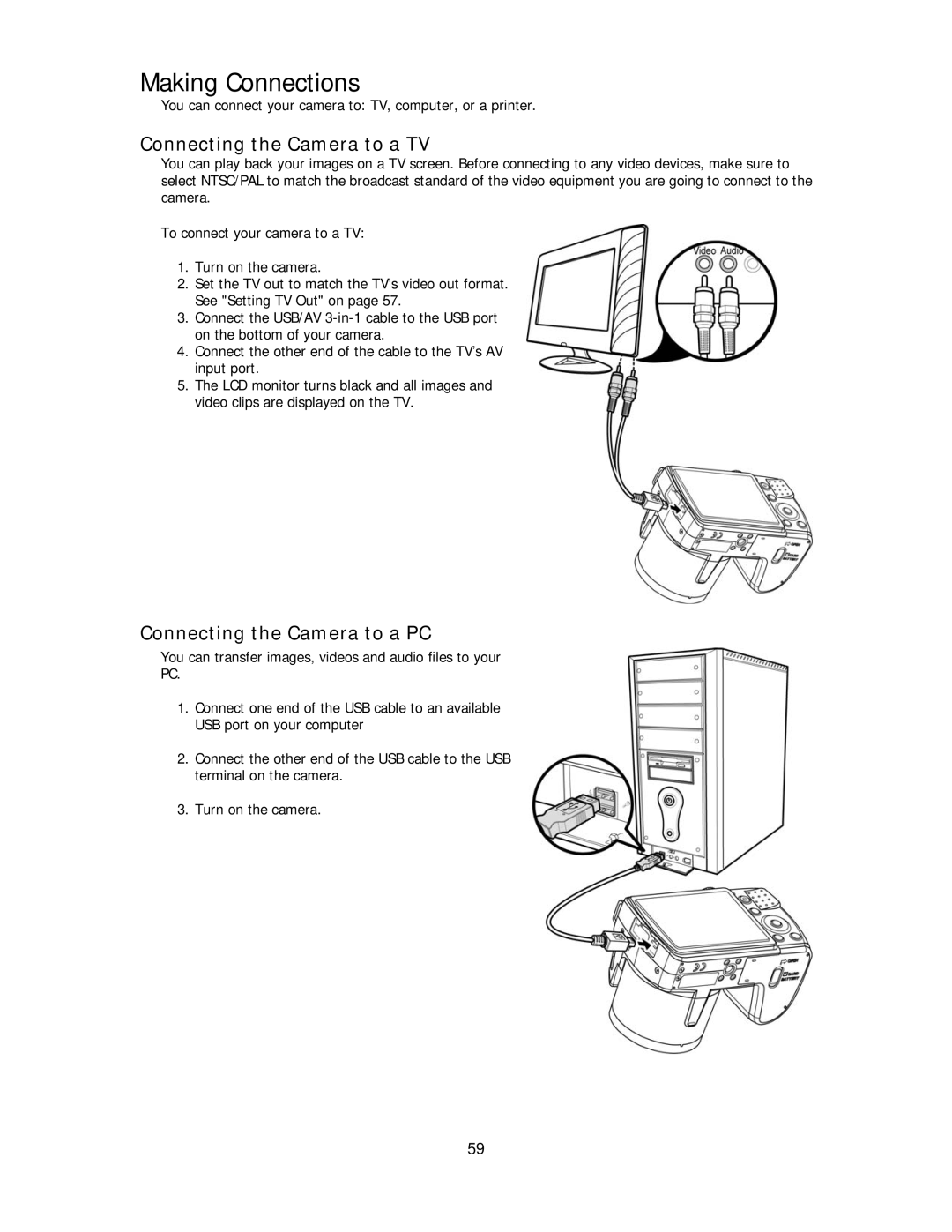 Polaroid IS2132-BLACK manual Making Connections, Connecting the Camera to a TV, Connecting the Camera to a PC 