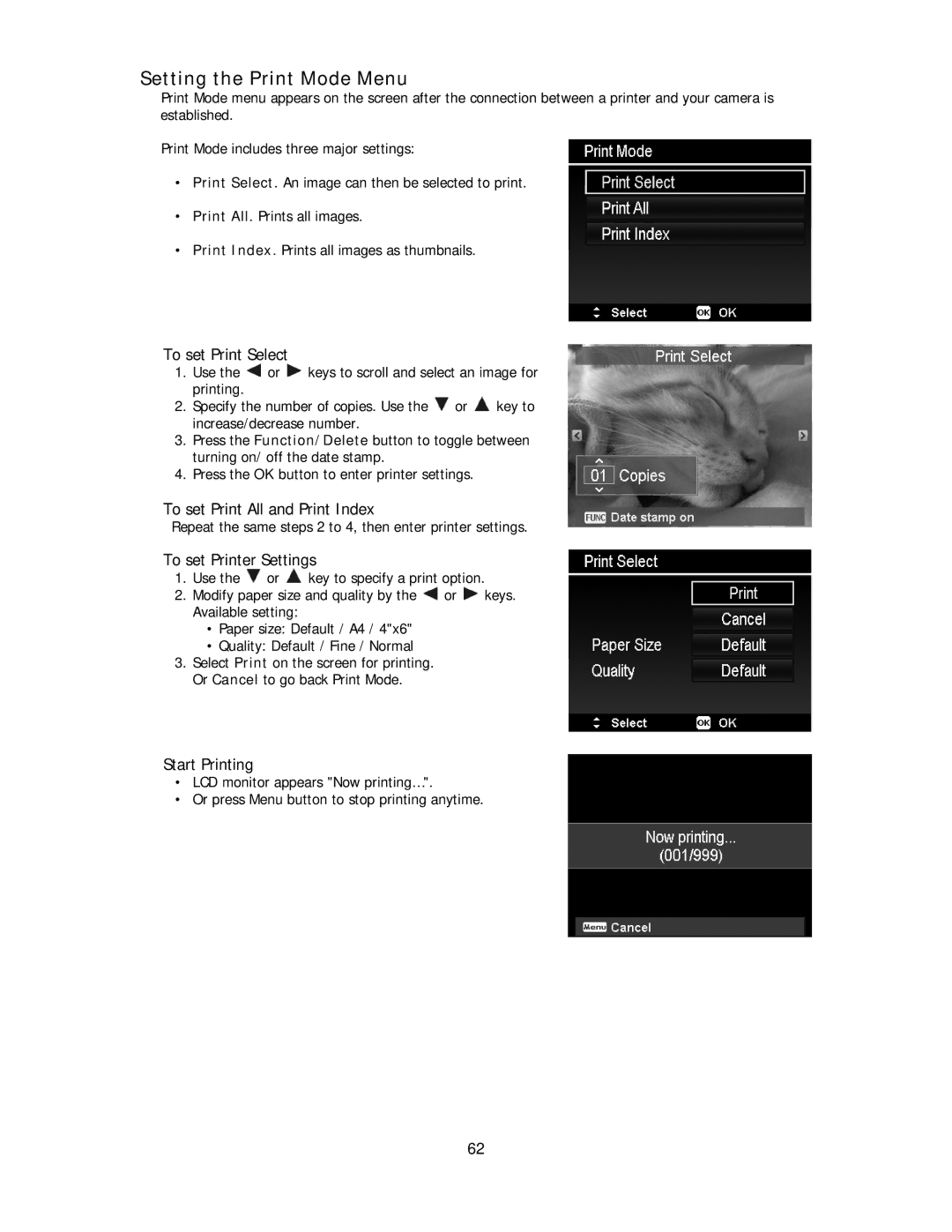 Polaroid IS2132-BLACK Setting the Print Mode Menu, To set Print Select, To set Print All and Print Index, Start Printing 