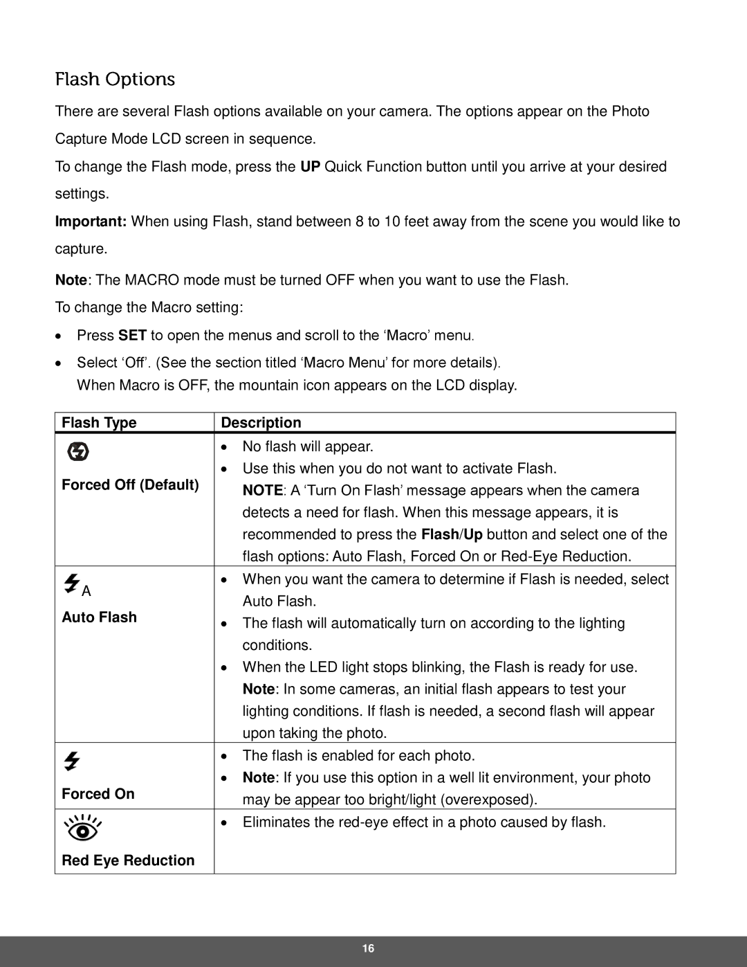 Polaroid IS326-RED user manual Flash Type Description 