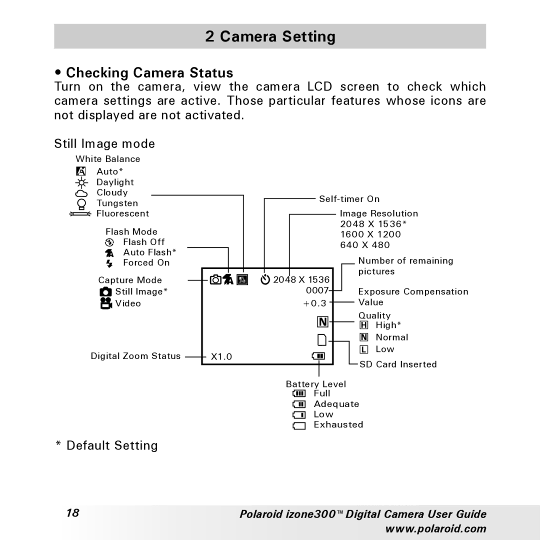 Polaroid izone300 manual Camera Setting, Checking Camera Status, Default Setting 