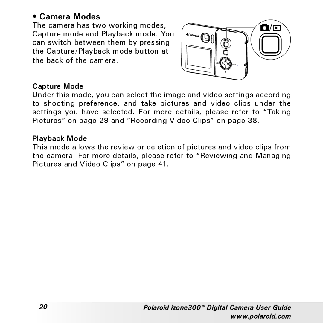 Polaroid izone300 manual Camera Modes 