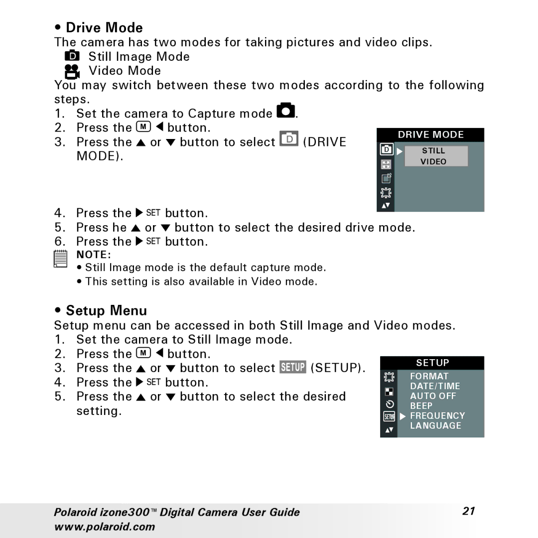 Polaroid izone300 manual Drive Mode, Setup Menu 