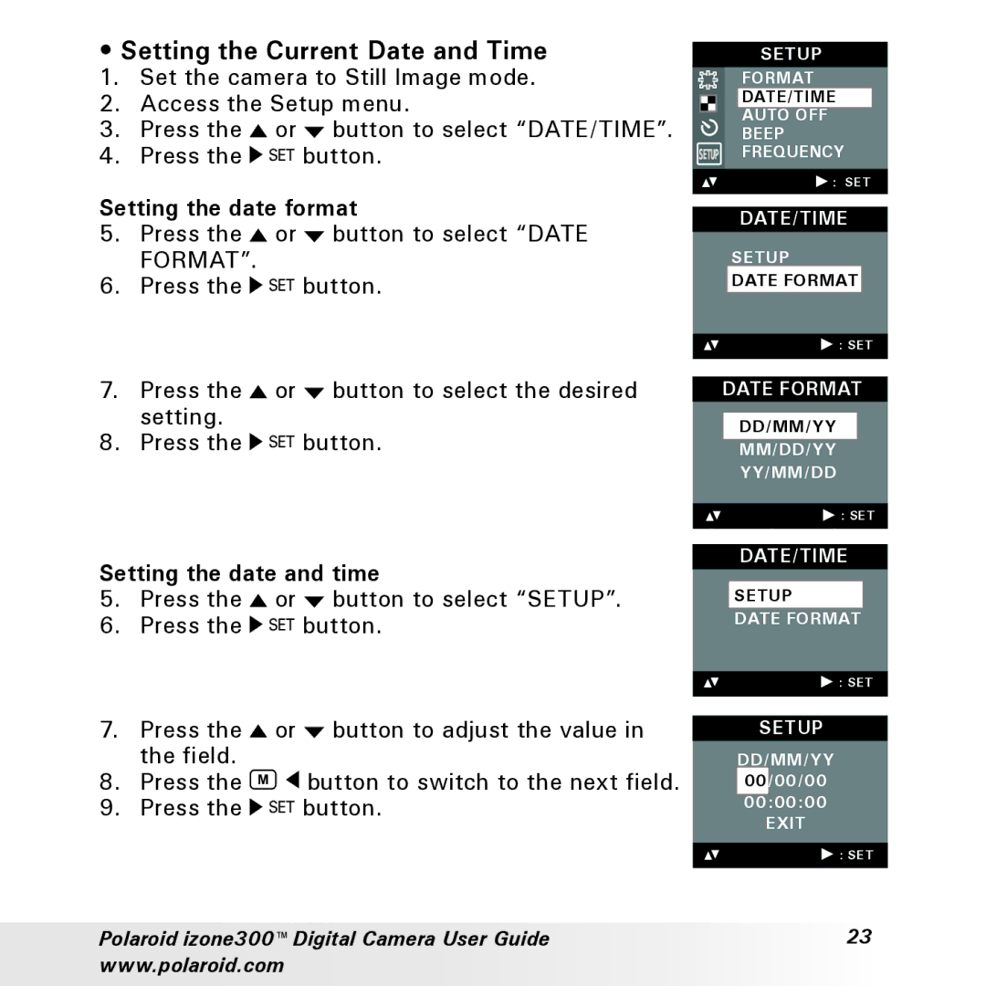 Polaroid izone300 manual Setting the Current Date and Time, Setting the date format, Format, Setting the date and time 