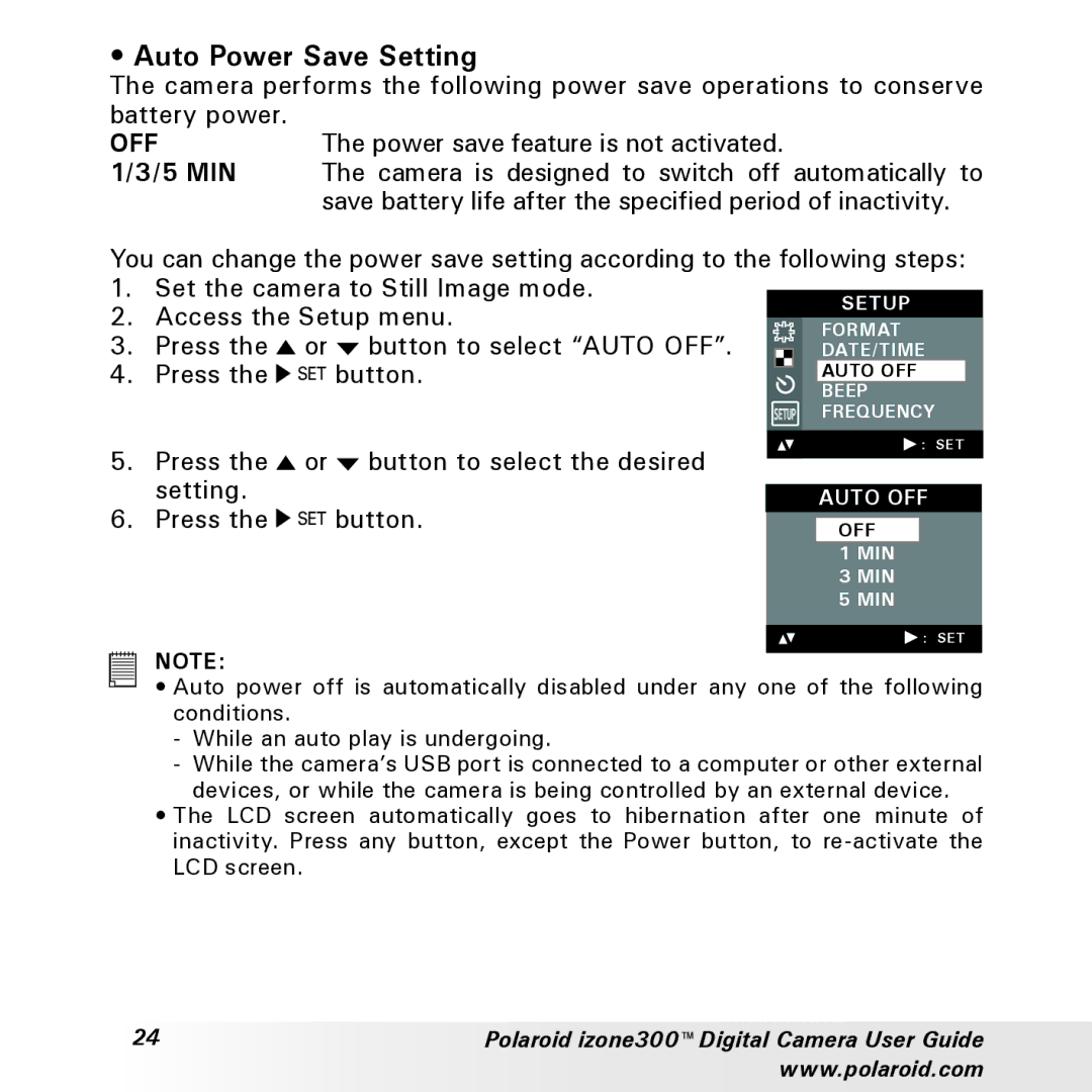 Polaroid izone300 manual Auto Power Save Setting, 5 MIN 