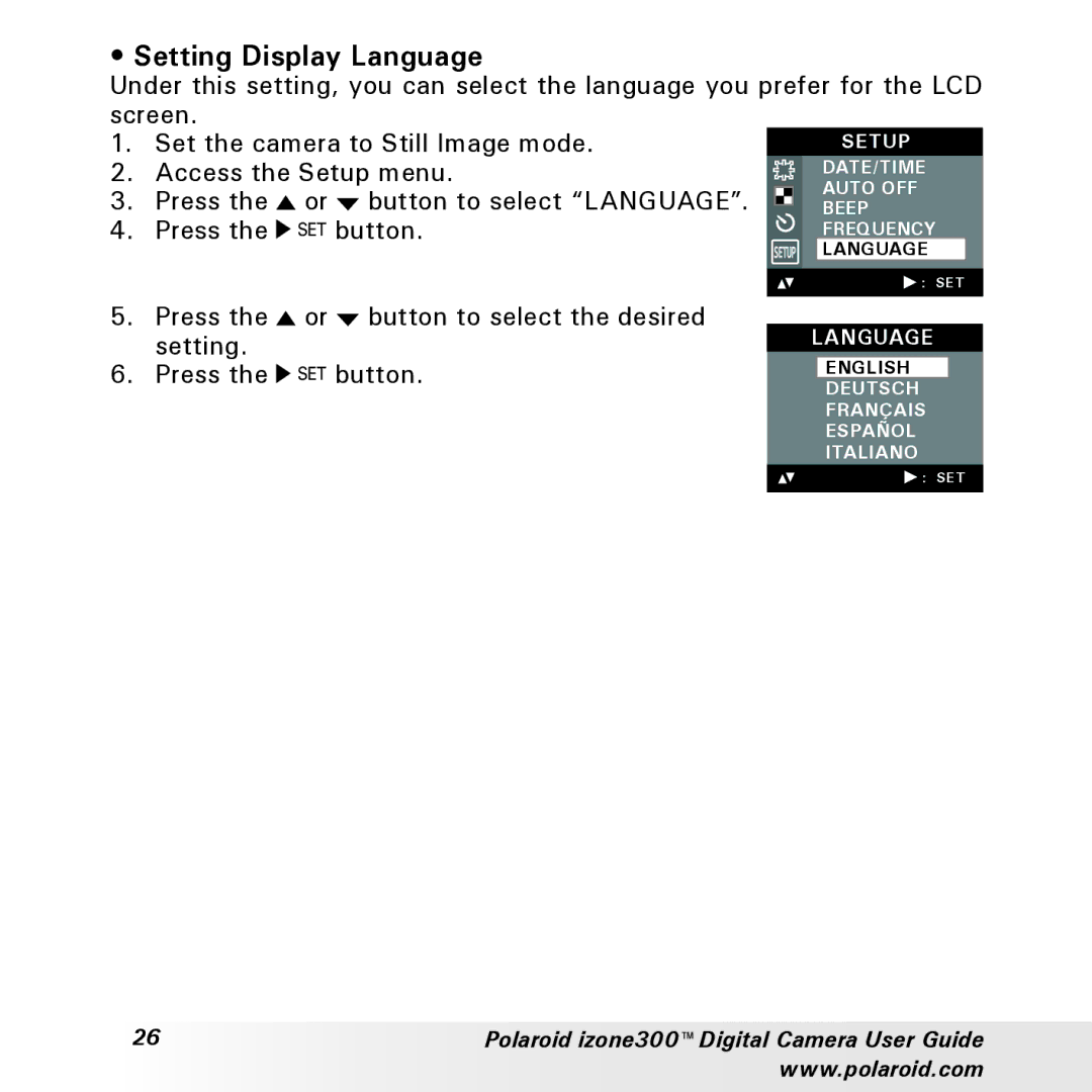 Polaroid izone300 manual Setting Display Language 