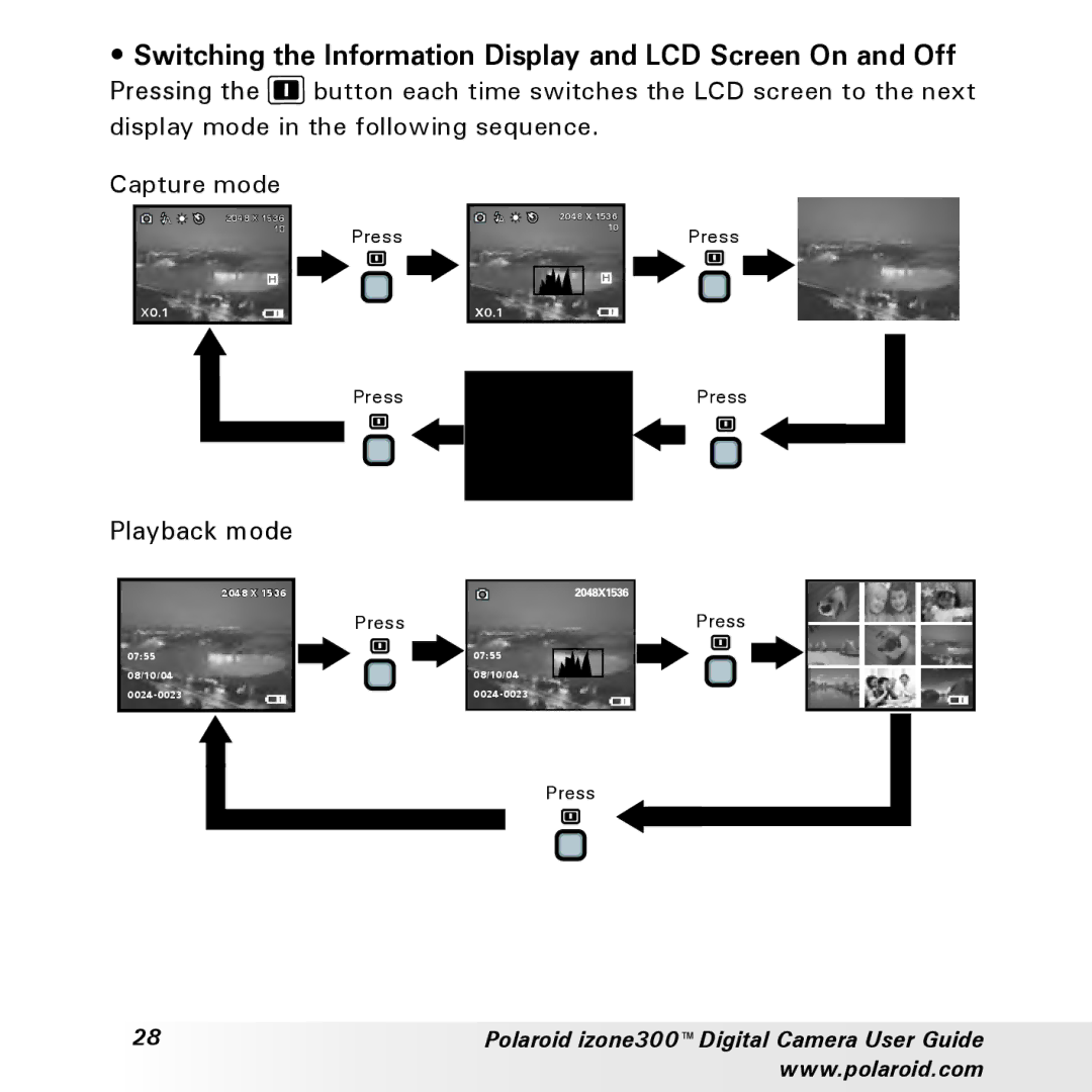 Polaroid izone300 manual Switching the Information Display and LCD Screen On and Off 