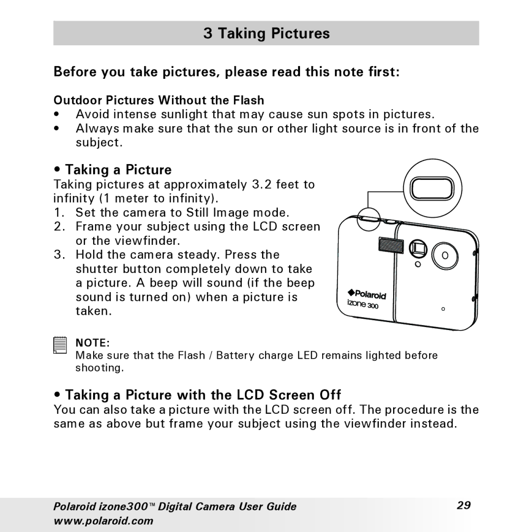 Polaroid izone300 manual Taking Pictures, Before you take pictures, please read this note first, Taking a Picture 