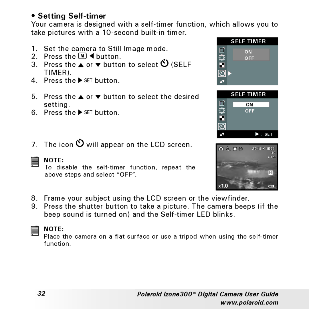 Polaroid izone300 manual Setting Self-timer, Icon will appear on the LCD screen 