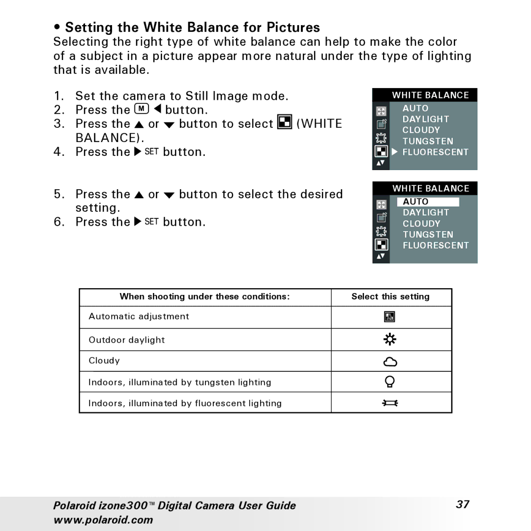 Polaroid izone300 manual Setting the White Balance for Pictures 