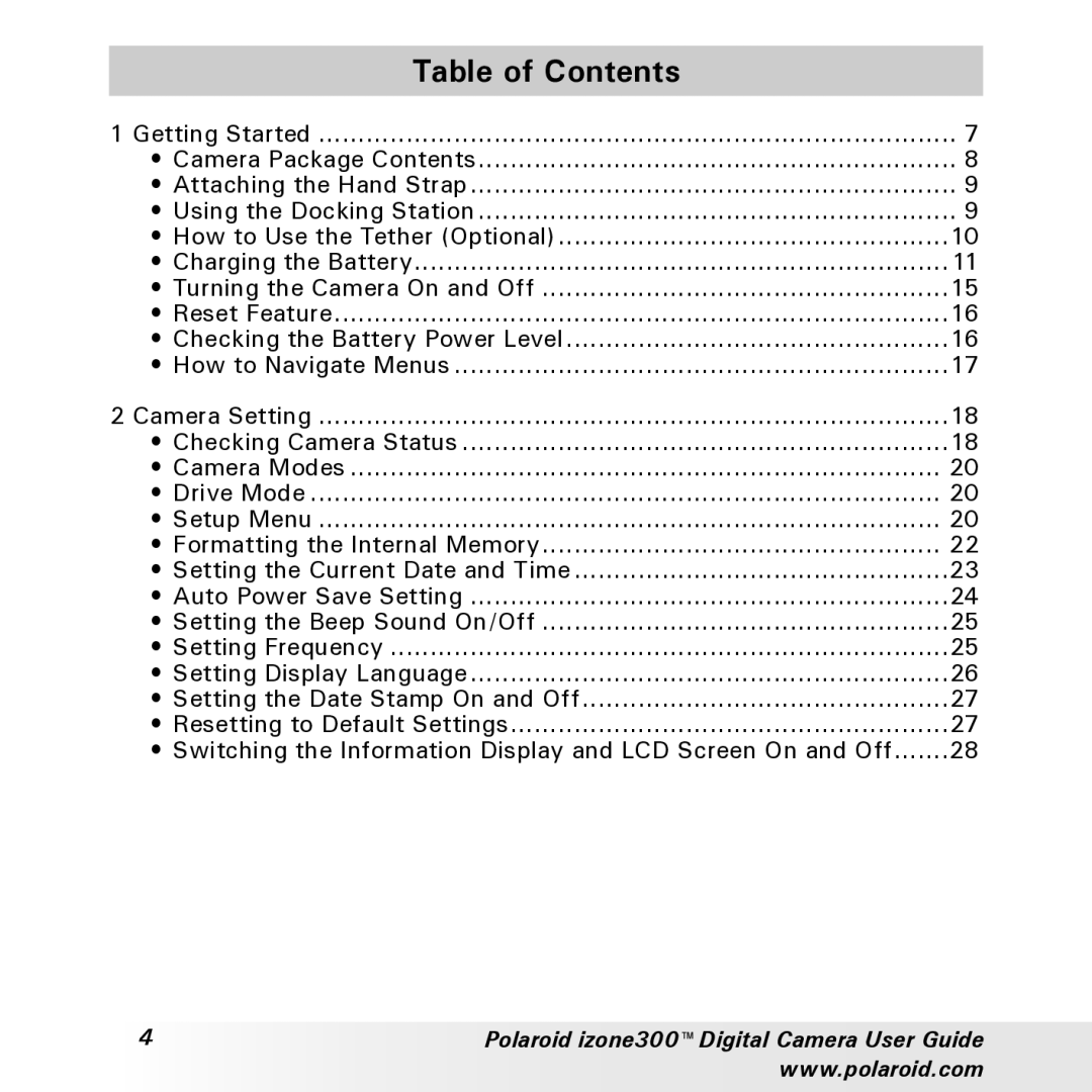 Polaroid izone300 manual Table of Contents 