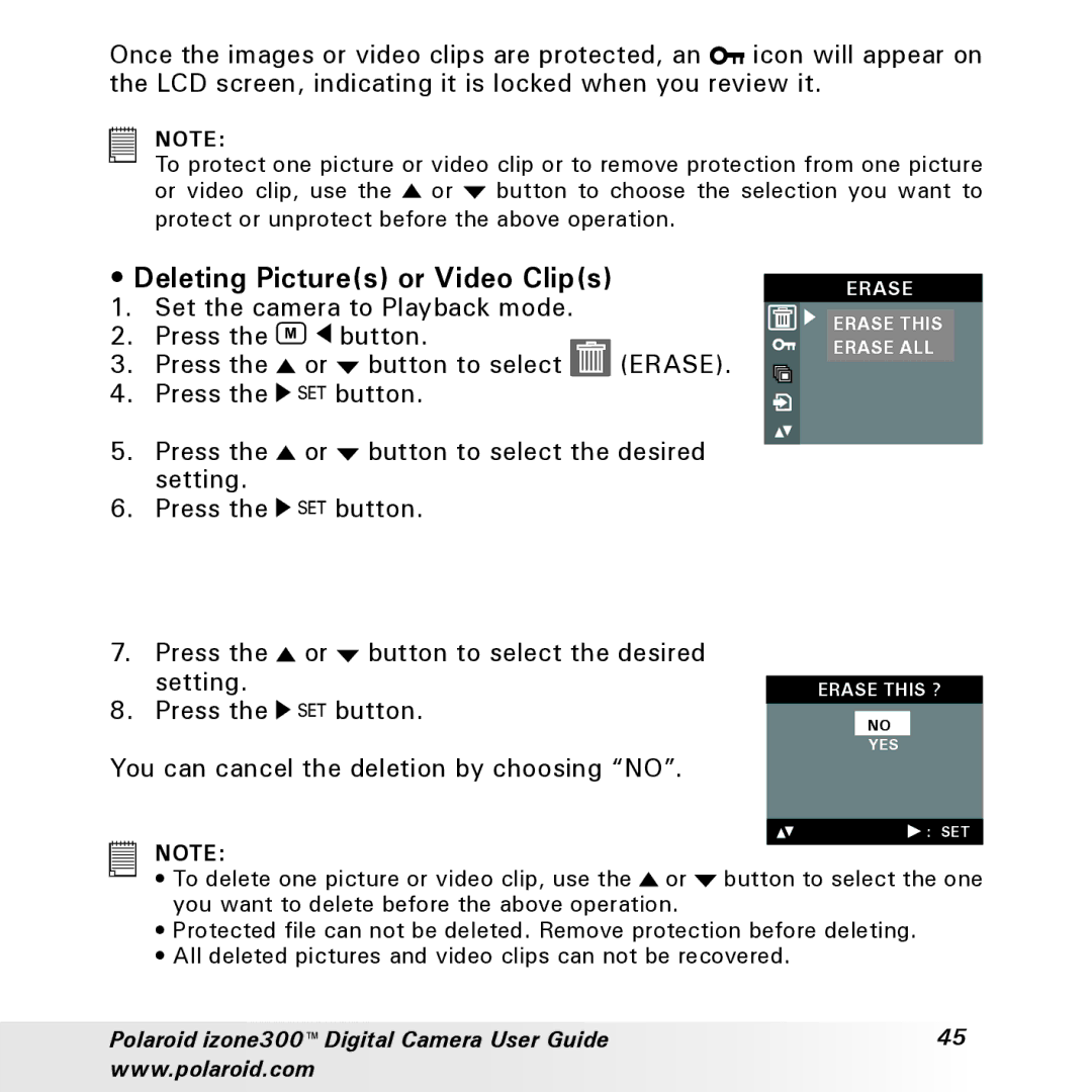 Polaroid izone300 manual Deleting Pictures or Video Clips, Set the camera to Playback mode Press Button, Erase 