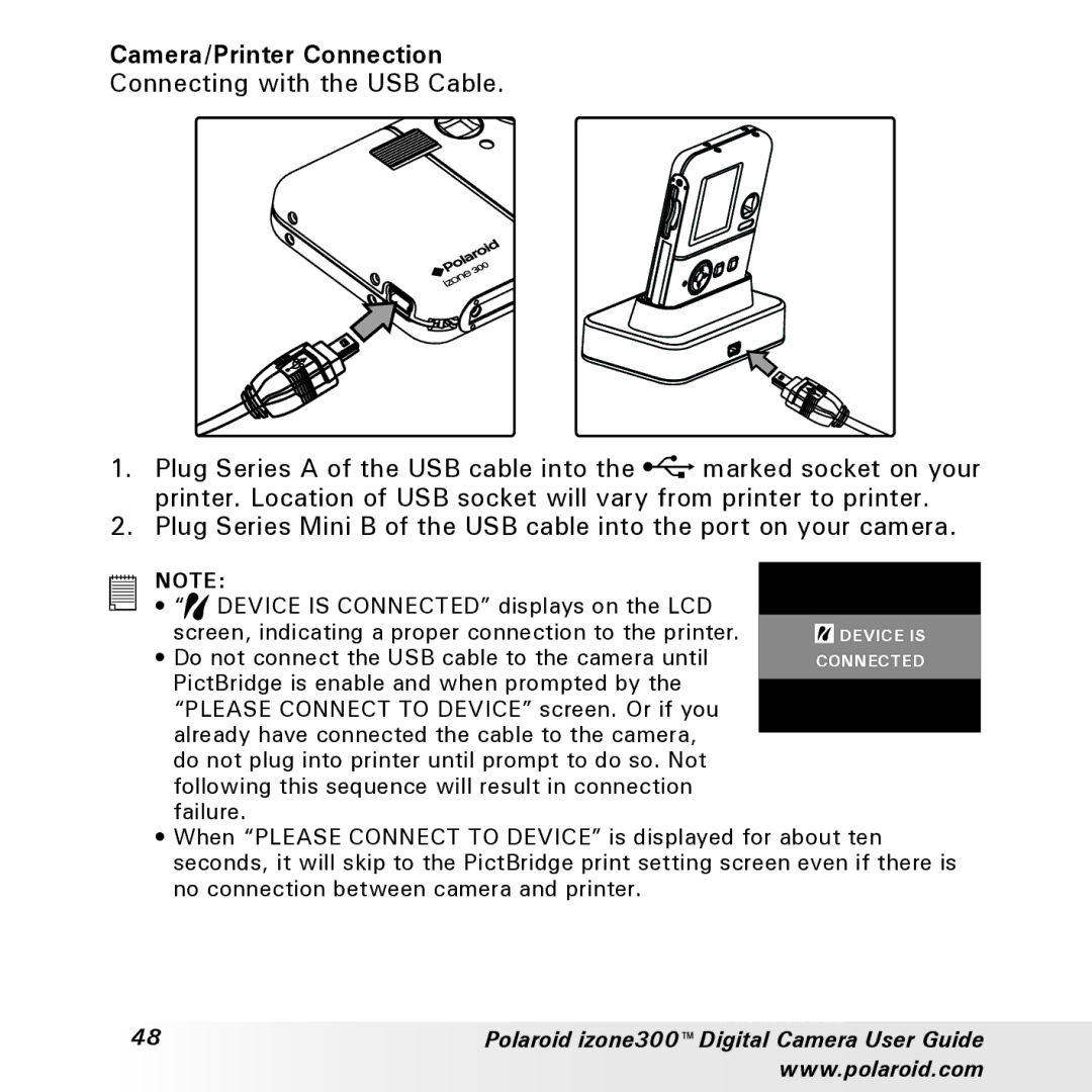 Polaroid izone300 manual Camera/Printer Connection 