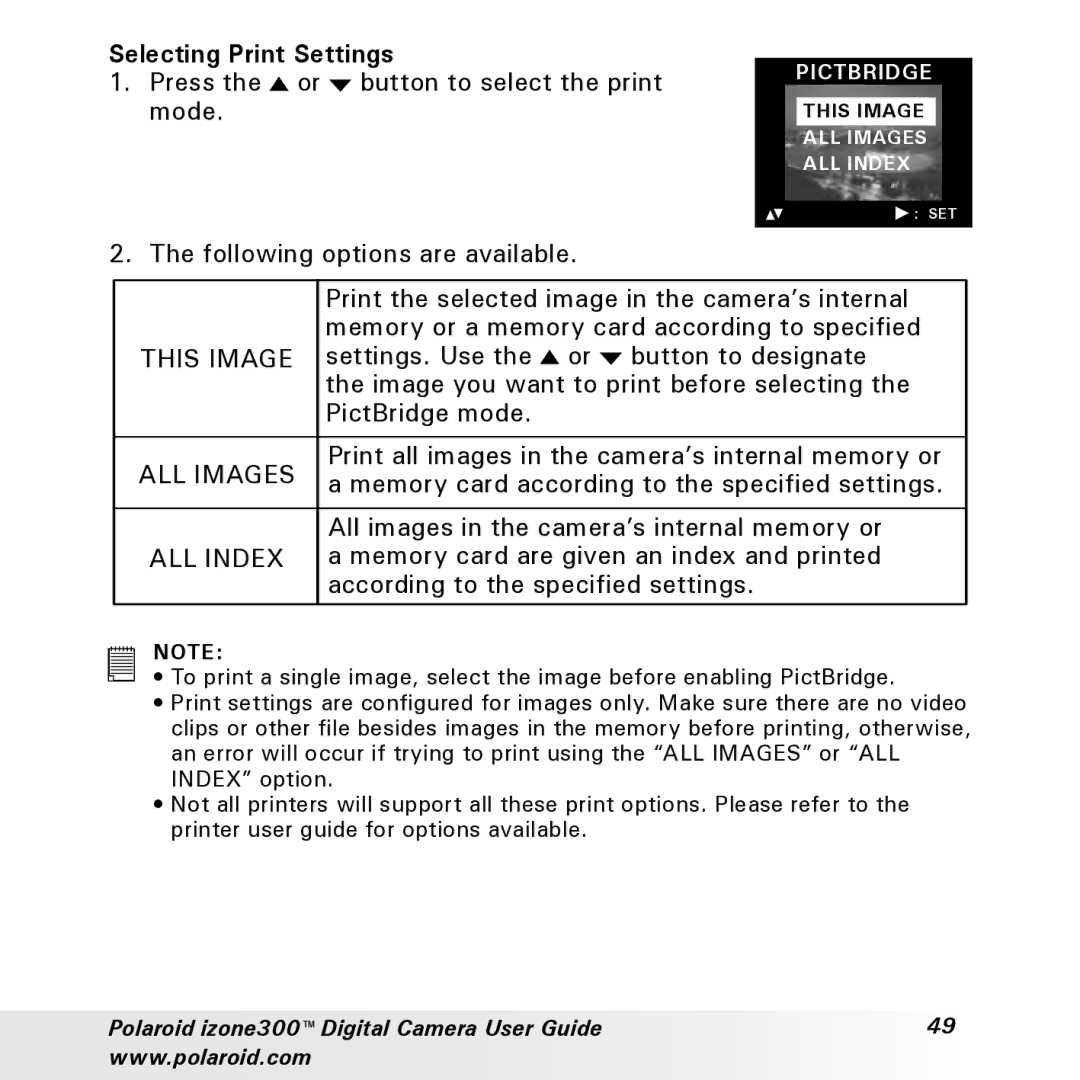 Polaroid izone300 manual Selecting Print Settings, This Image, ALL Images, ALL Index 