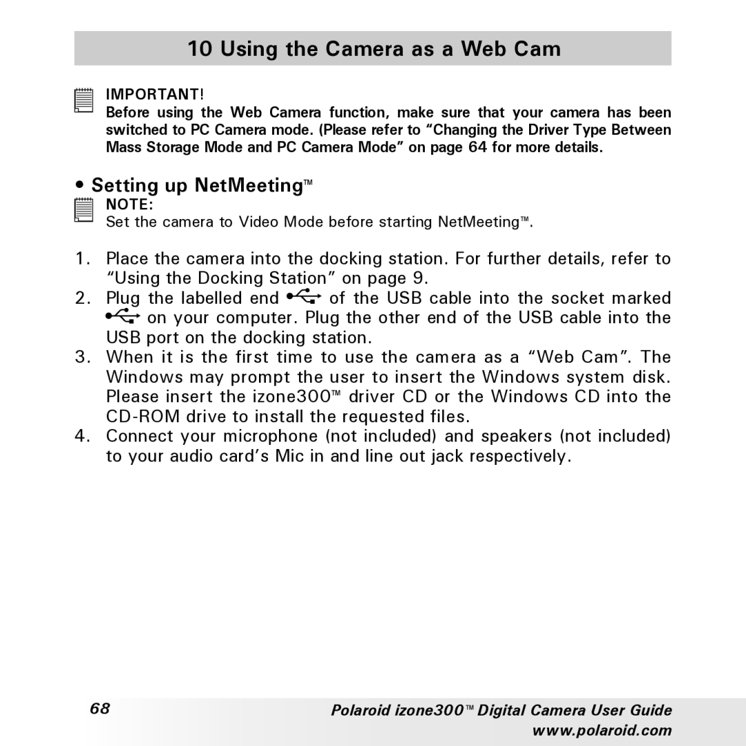 Polaroid izone300 manual Using the Camera as a Web Cam, Setting up NetMeeting 