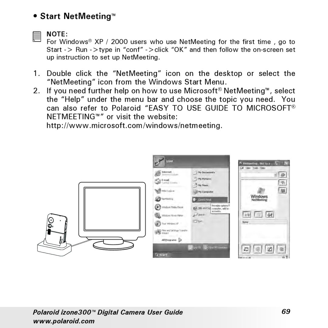 Polaroid izone300 manual Start NetMeeting 