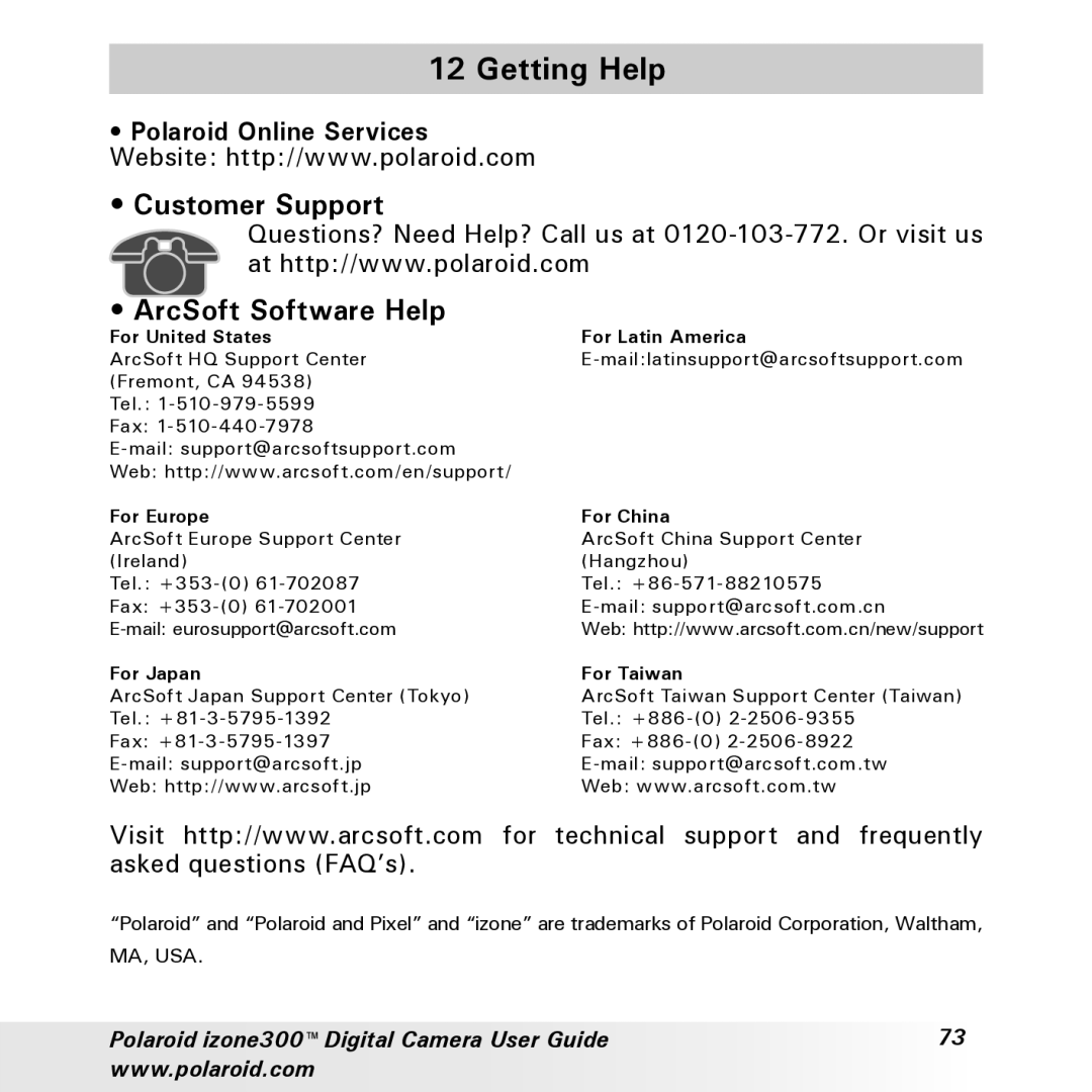 Polaroid izone300 manual Getting Help, Customer Support ArcSoft Software Help 