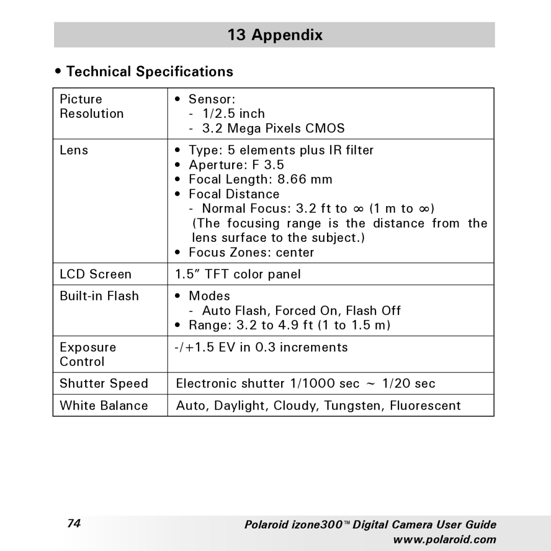 Polaroid izone300 manual Appendix, Technical Specifications 