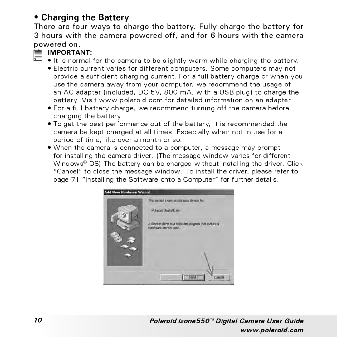 Polaroid izone550 manual Charging the Battery 