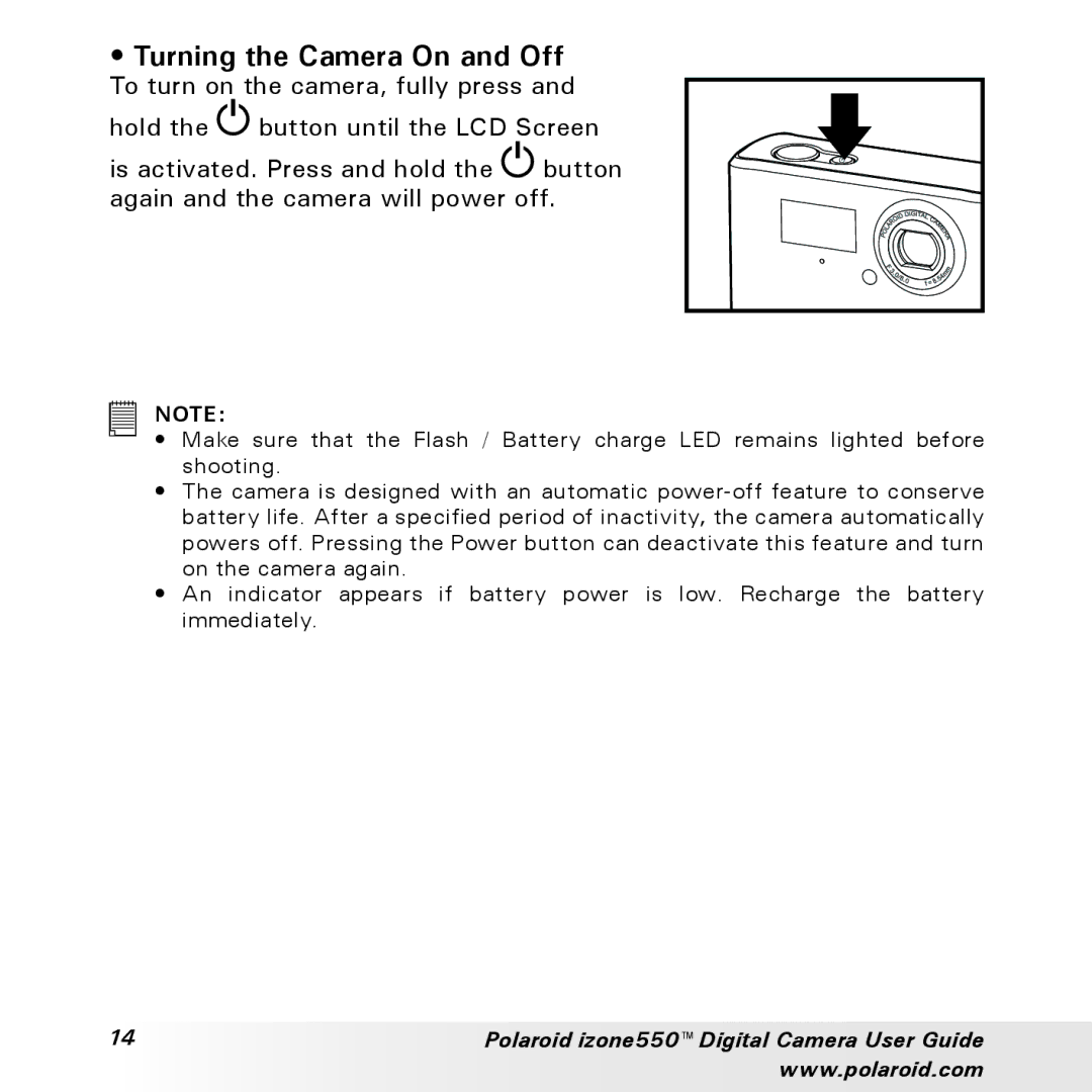 Polaroid izone550 manual Turning the Camera On and Off 