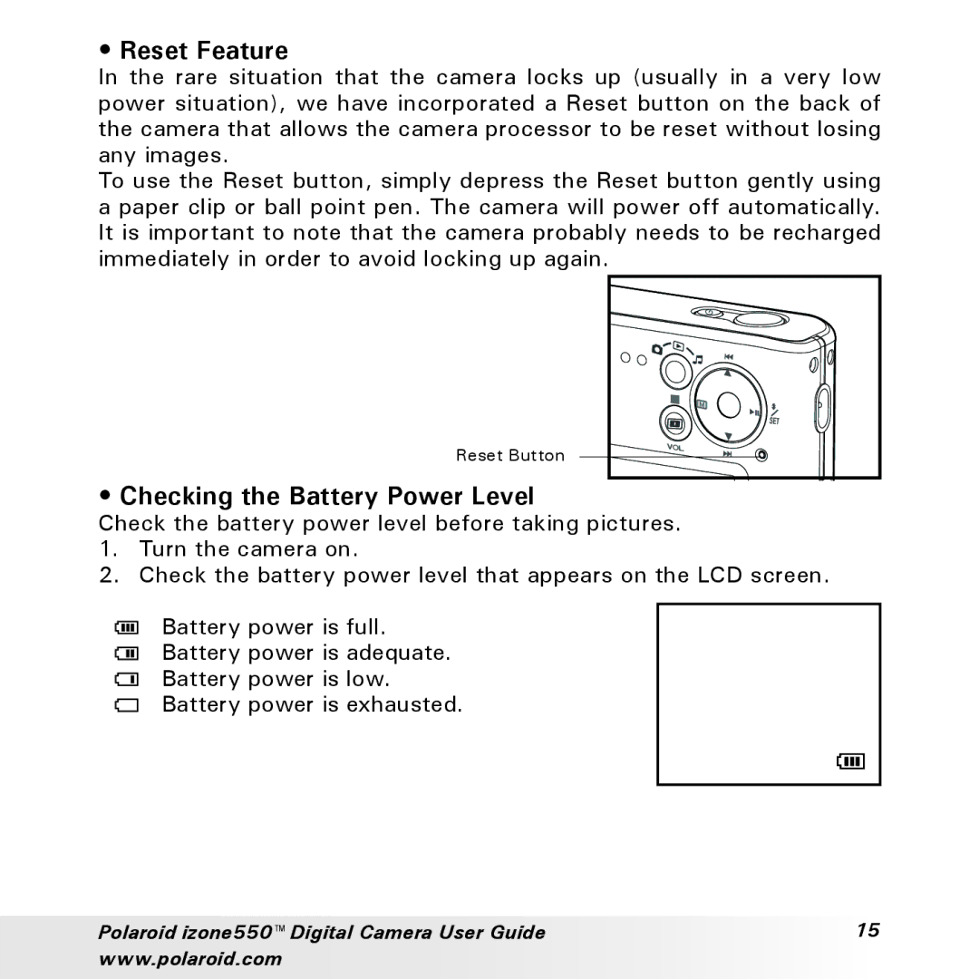 Polaroid izone550 manual Reset Feature, Checking the Battery Power Level 