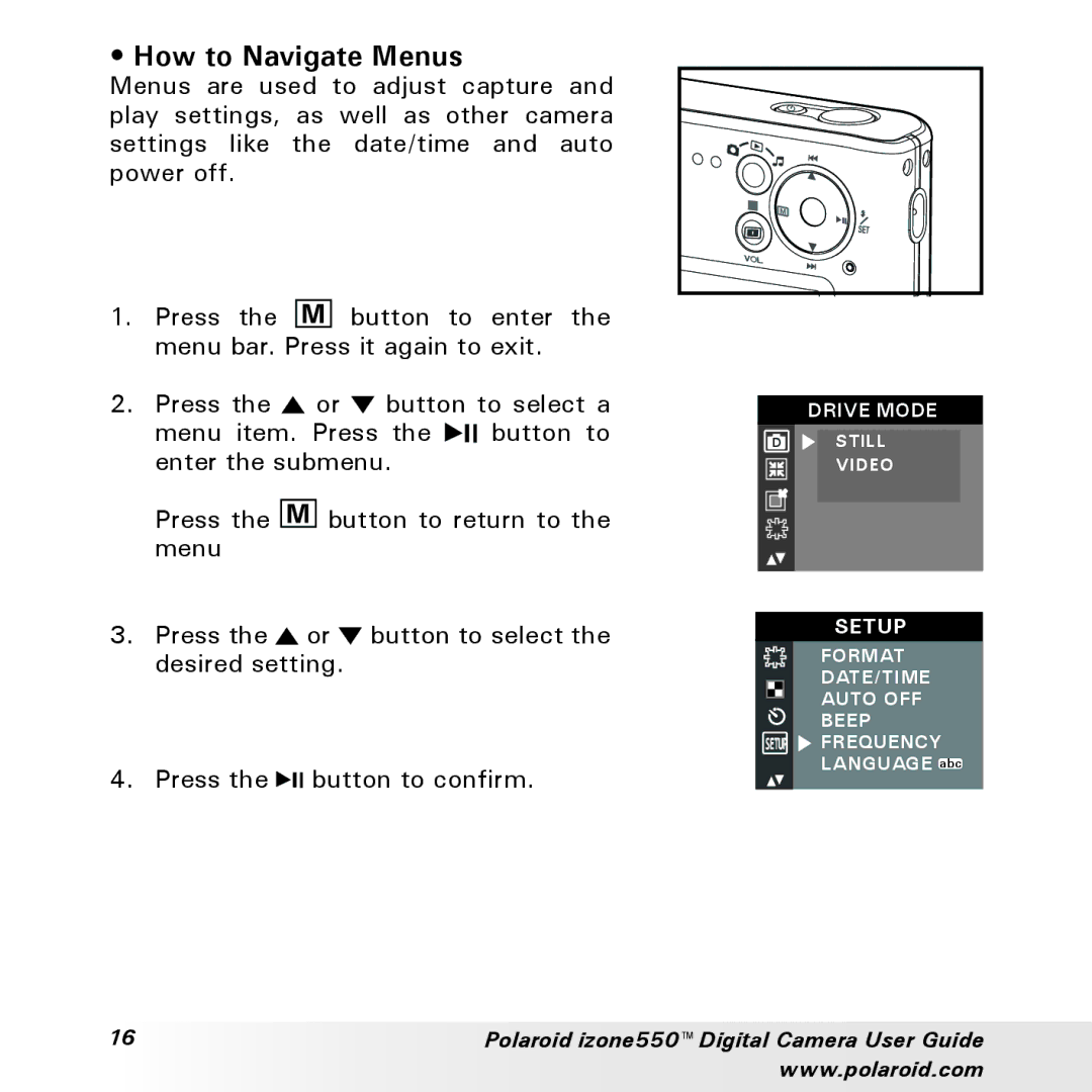 Polaroid izone550 manual How to Navigate Menus 