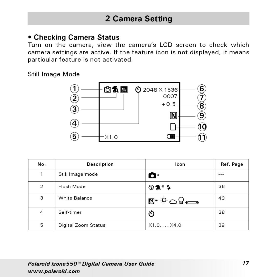 Polaroid izone550 manual Camera Setting, Checking Camera Status 