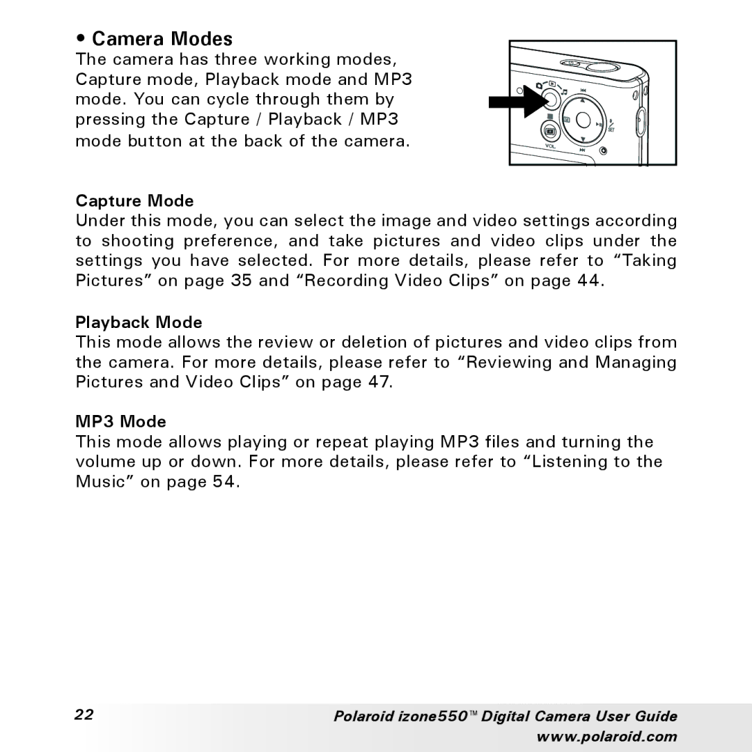 Polaroid izone550 manual Camera Modes, Capture Mode, Playback Mode, MP3 Mode 