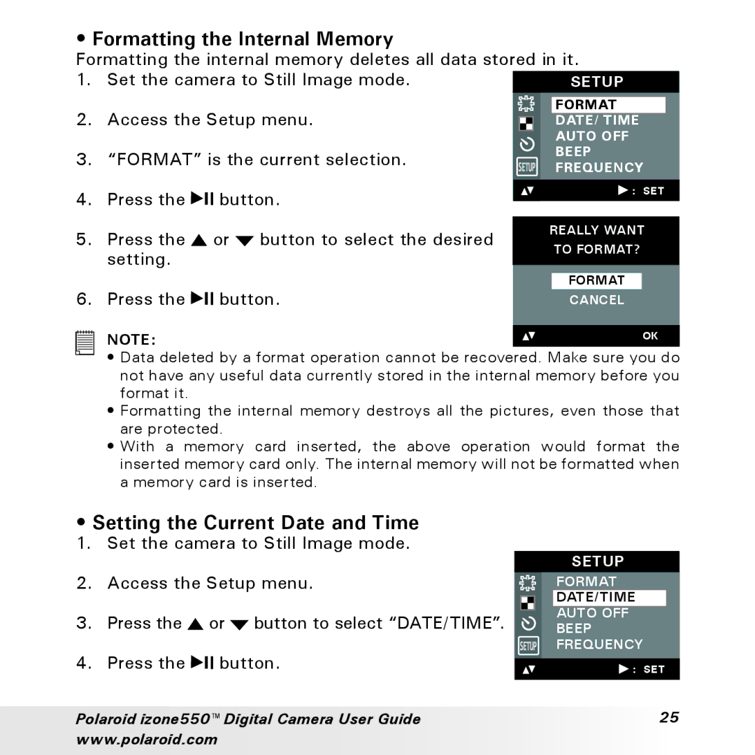 Polaroid izone550 manual Formatting the Internal Memory, Setting the Current Date and Time 