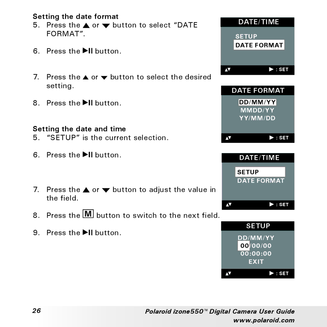 Polaroid izone550 manual Setting the date format, Setting the date and time 