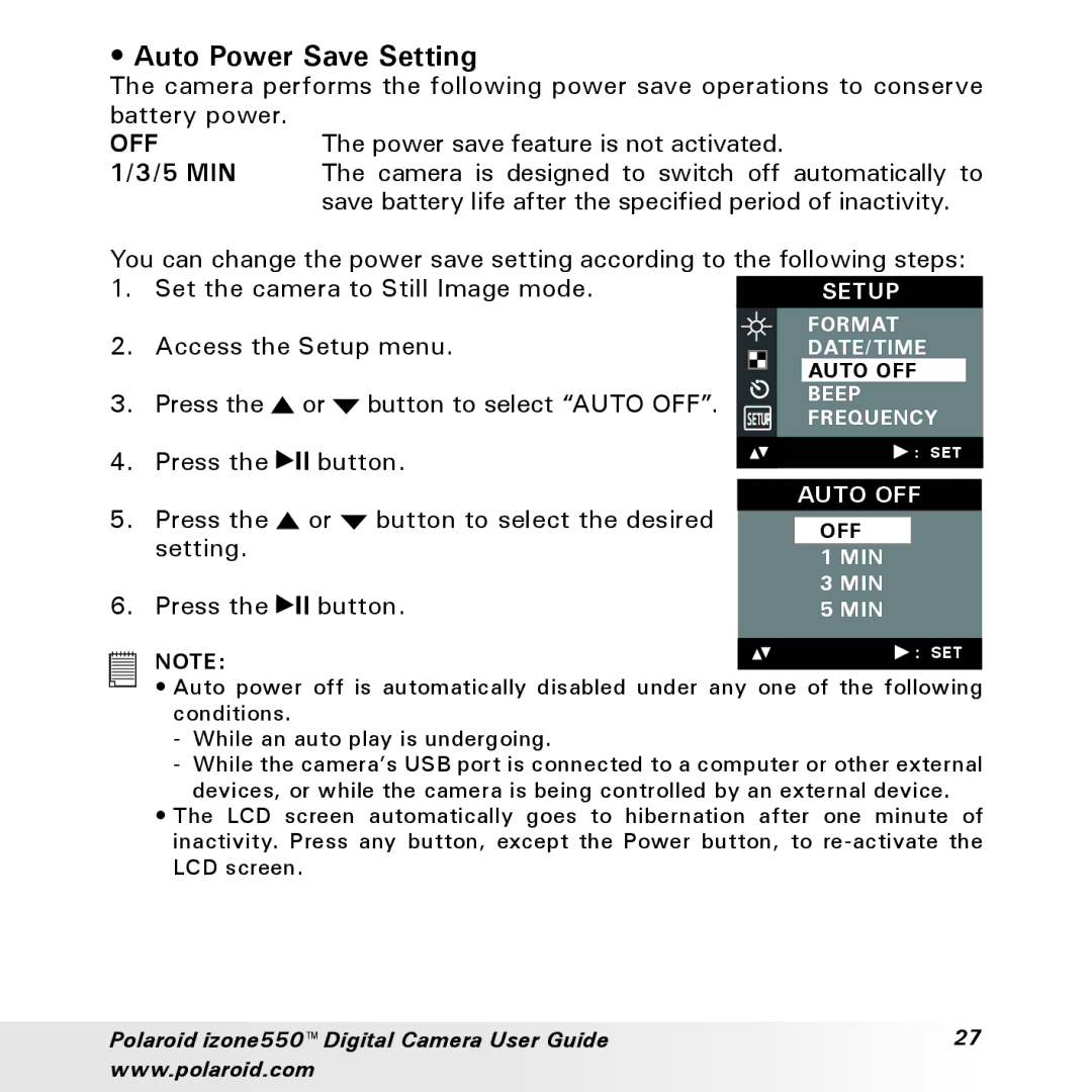 Polaroid izone550 manual Auto Power Save Setting, 5 MIN 