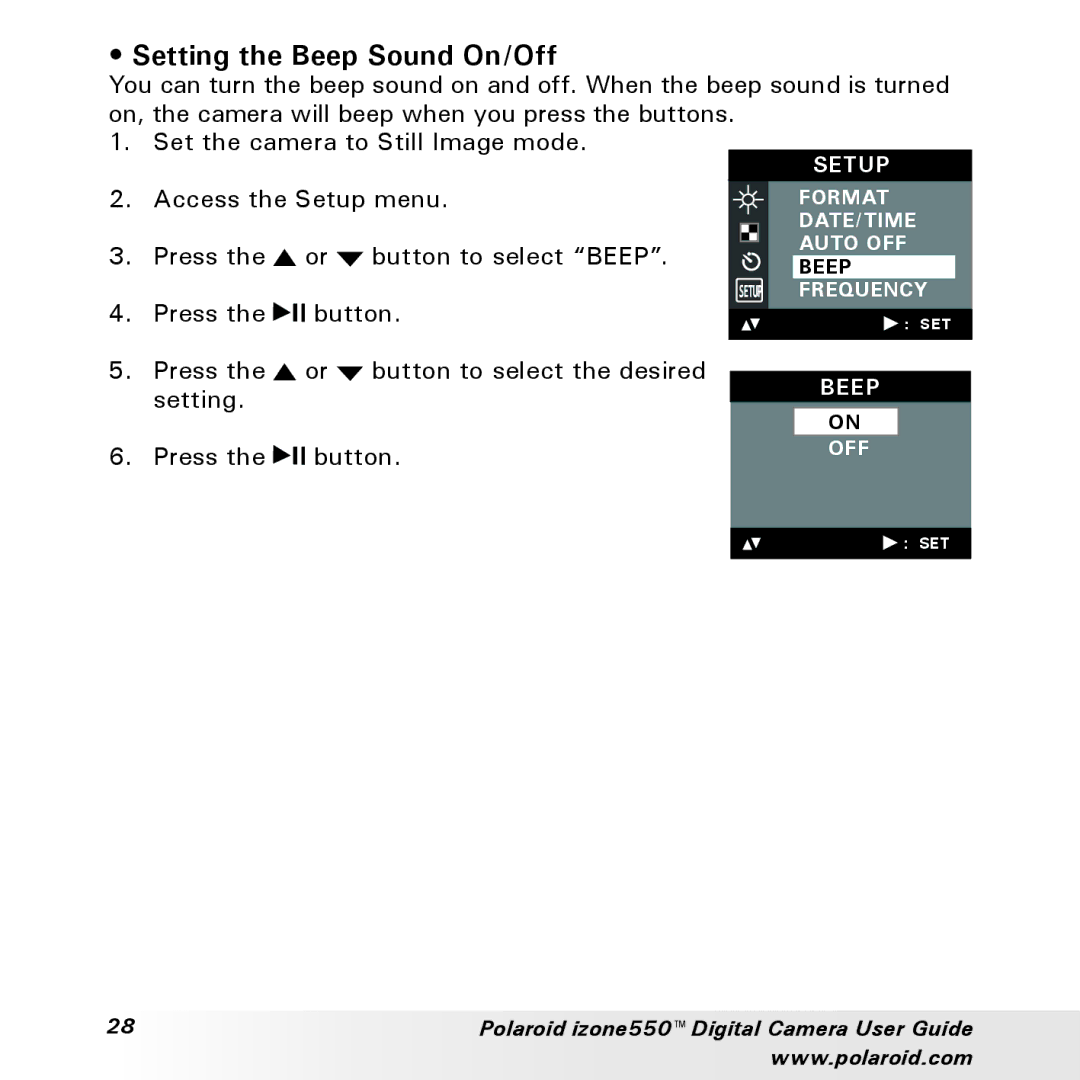 Polaroid izone550 manual Setting the Beep Sound On/Off 