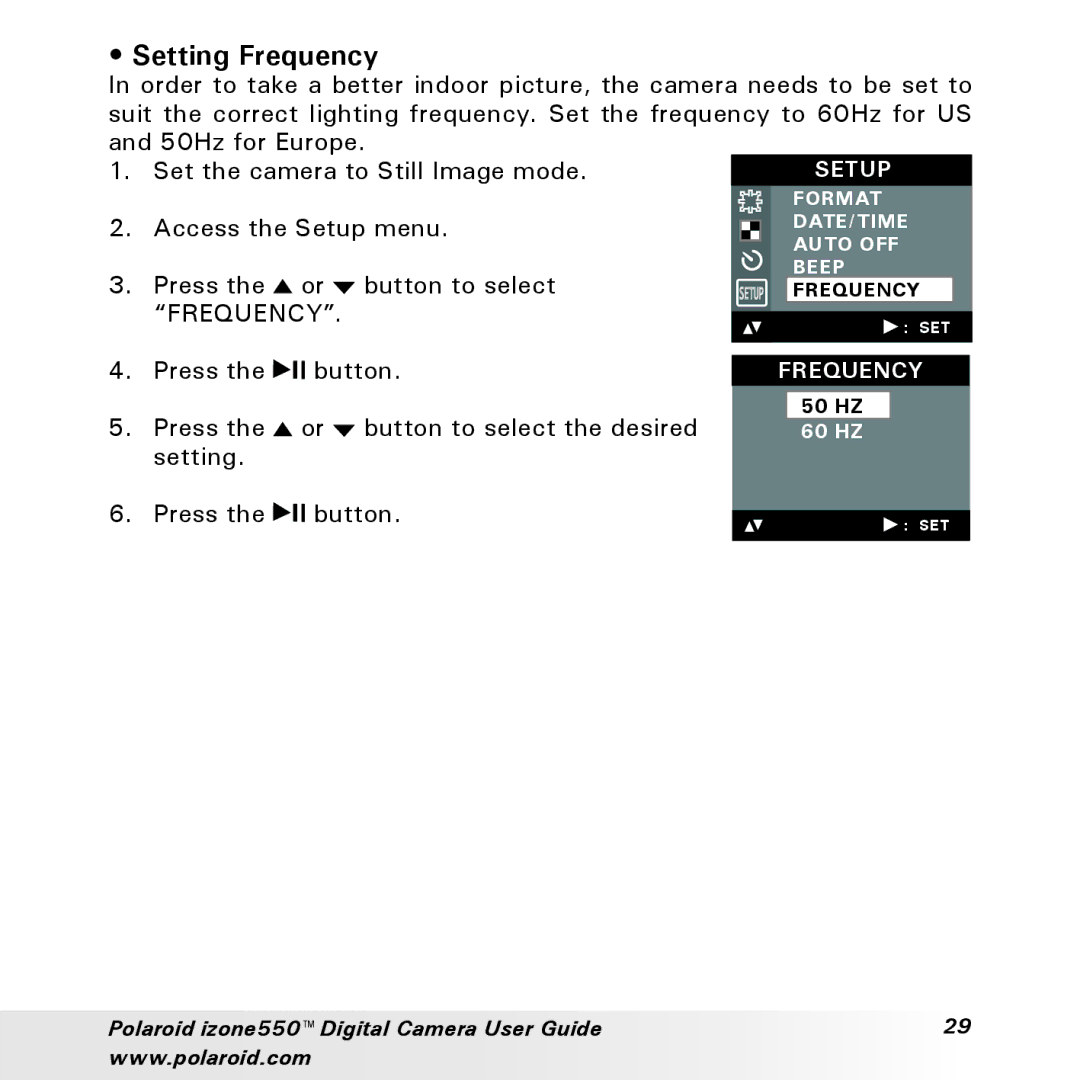 Polaroid izone550 manual Setting Frequency 