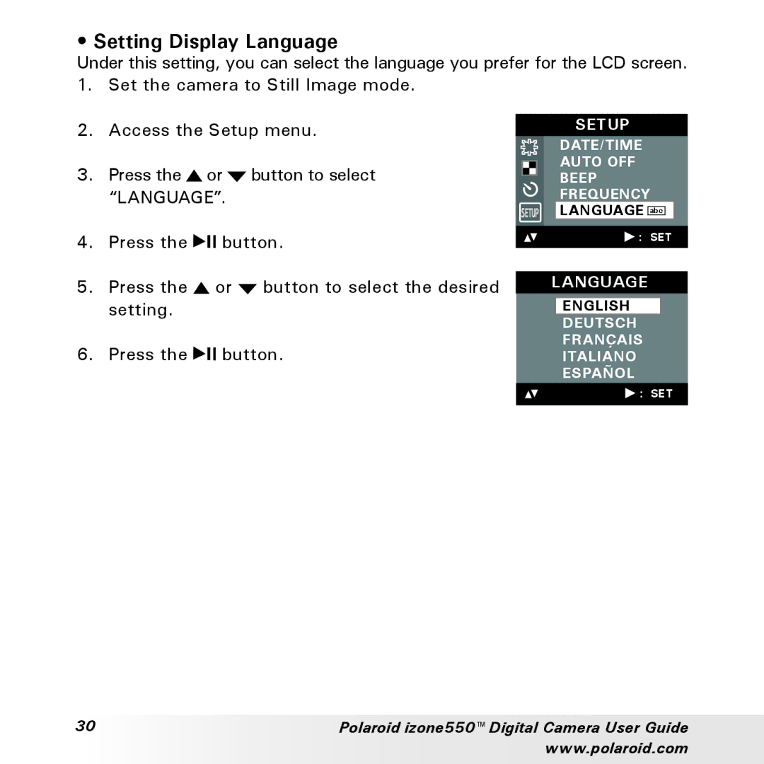 Polaroid izone550 manual Setting Display Language 