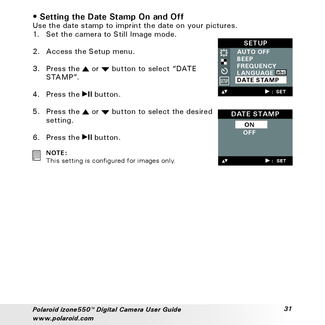 Polaroid izone550 manual Setting the Date Stamp On and Off 